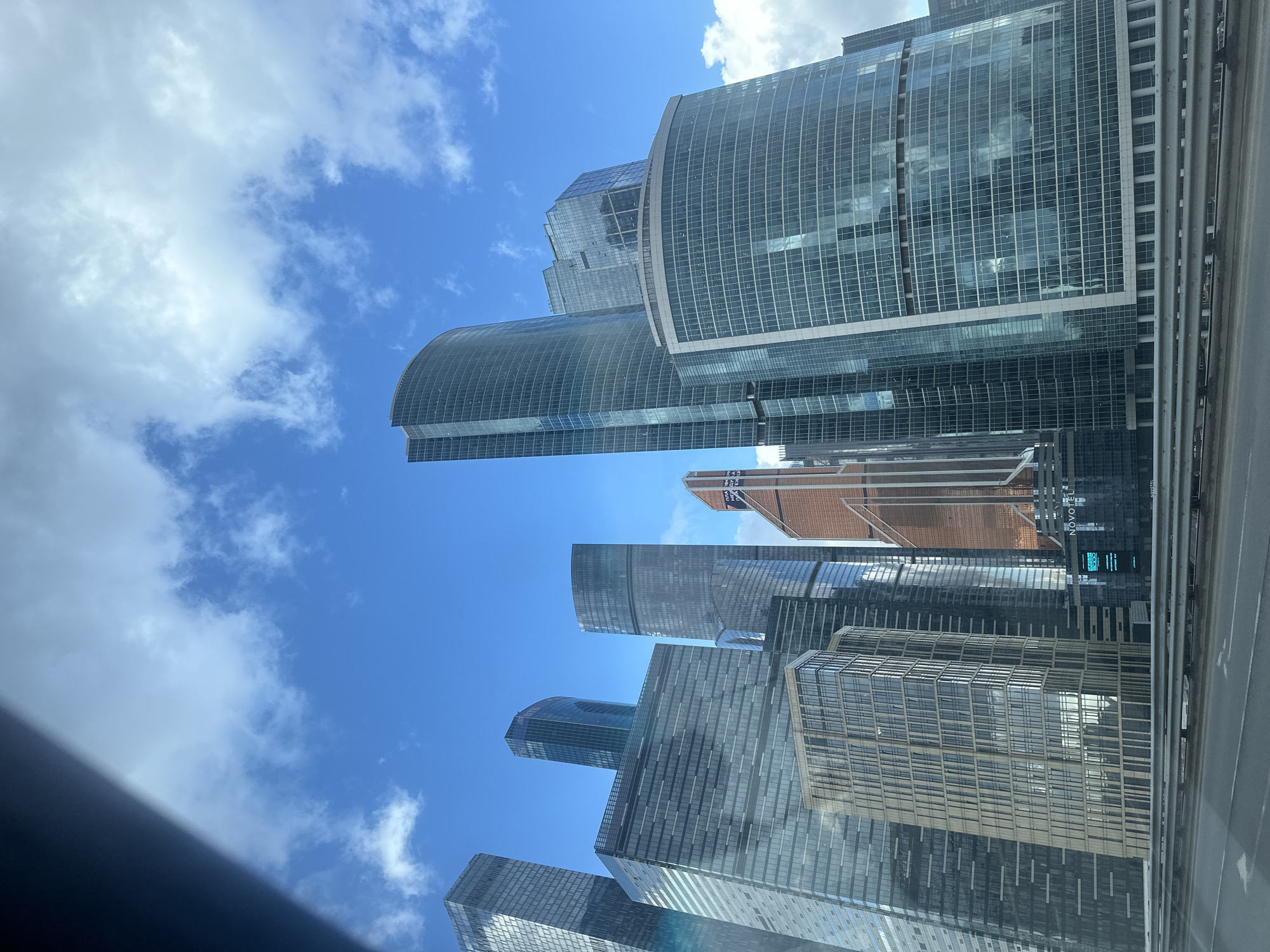 Multiple views captured of Moscow-City skyscrapers from street level