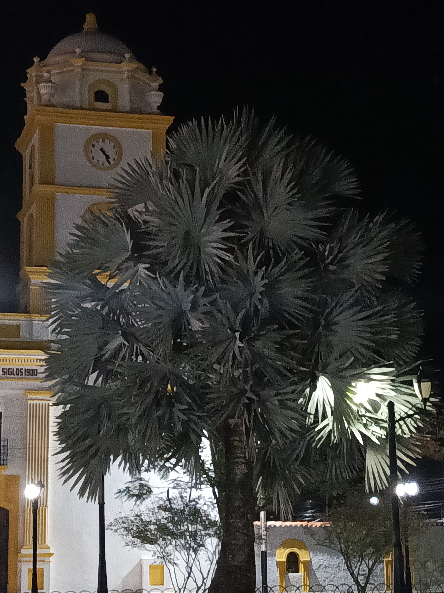 Tinaco's nighttime church tower and street lamps documented