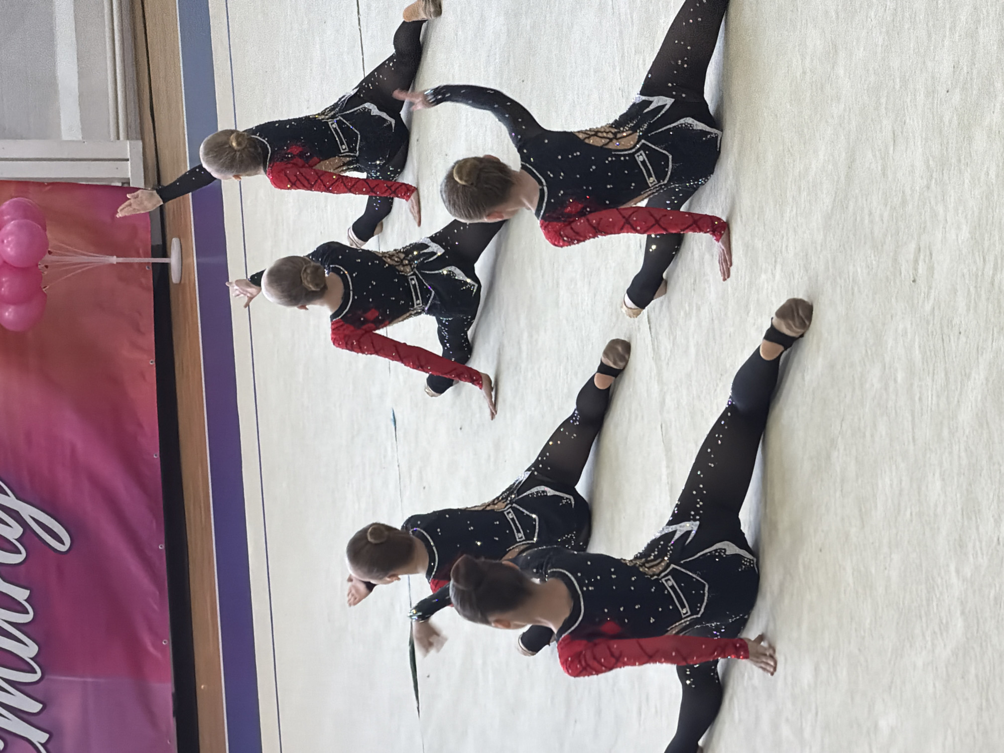 Young gymnasts perform synchronized routine in matching leotards
