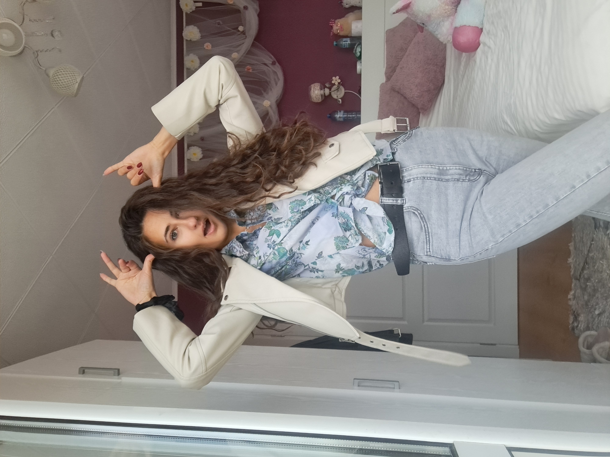 Woman takes morning selfies in Chepintsi, Bulgaria residence
