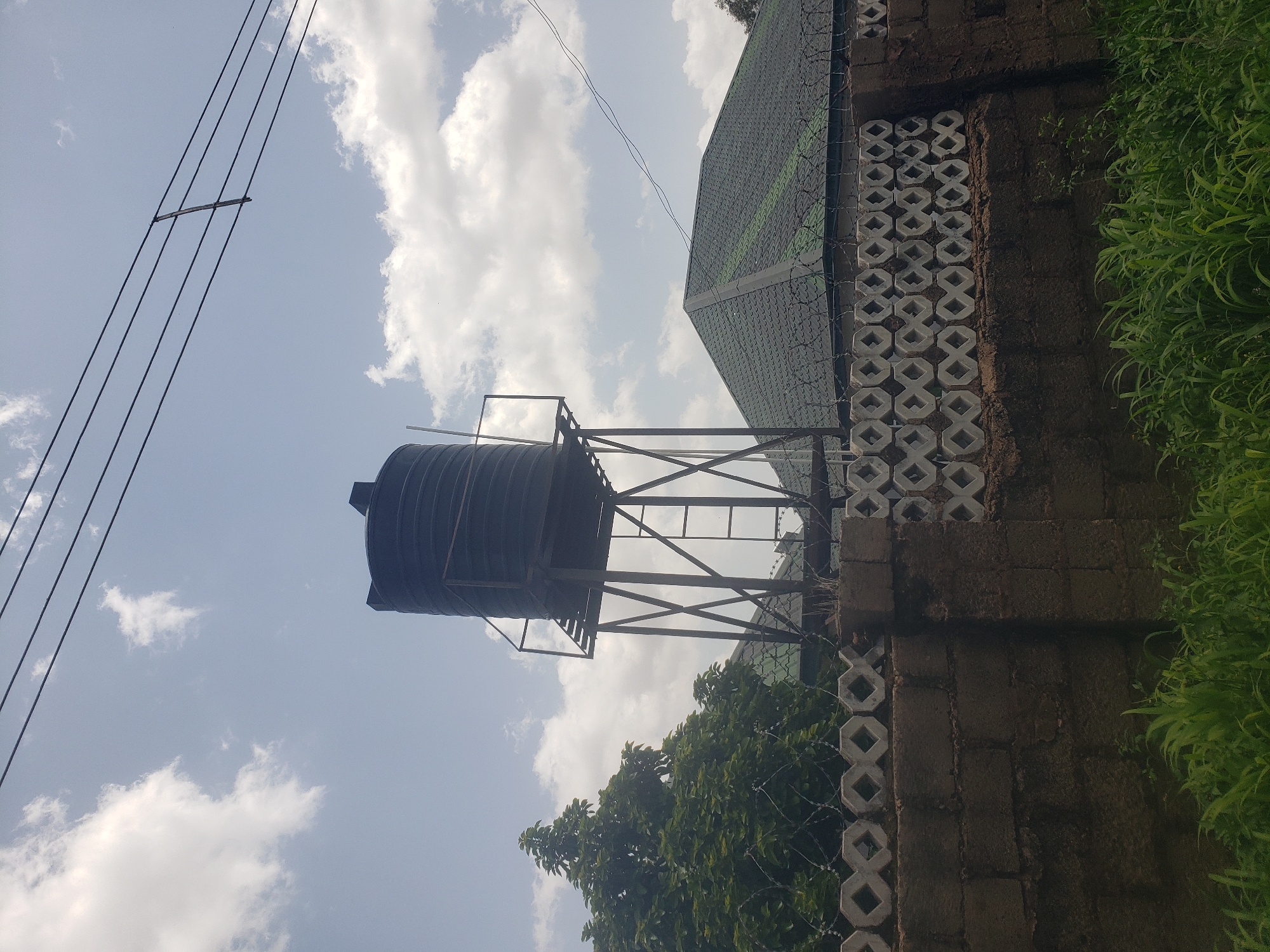 Residential infrastructure: elevated water tank and paved street