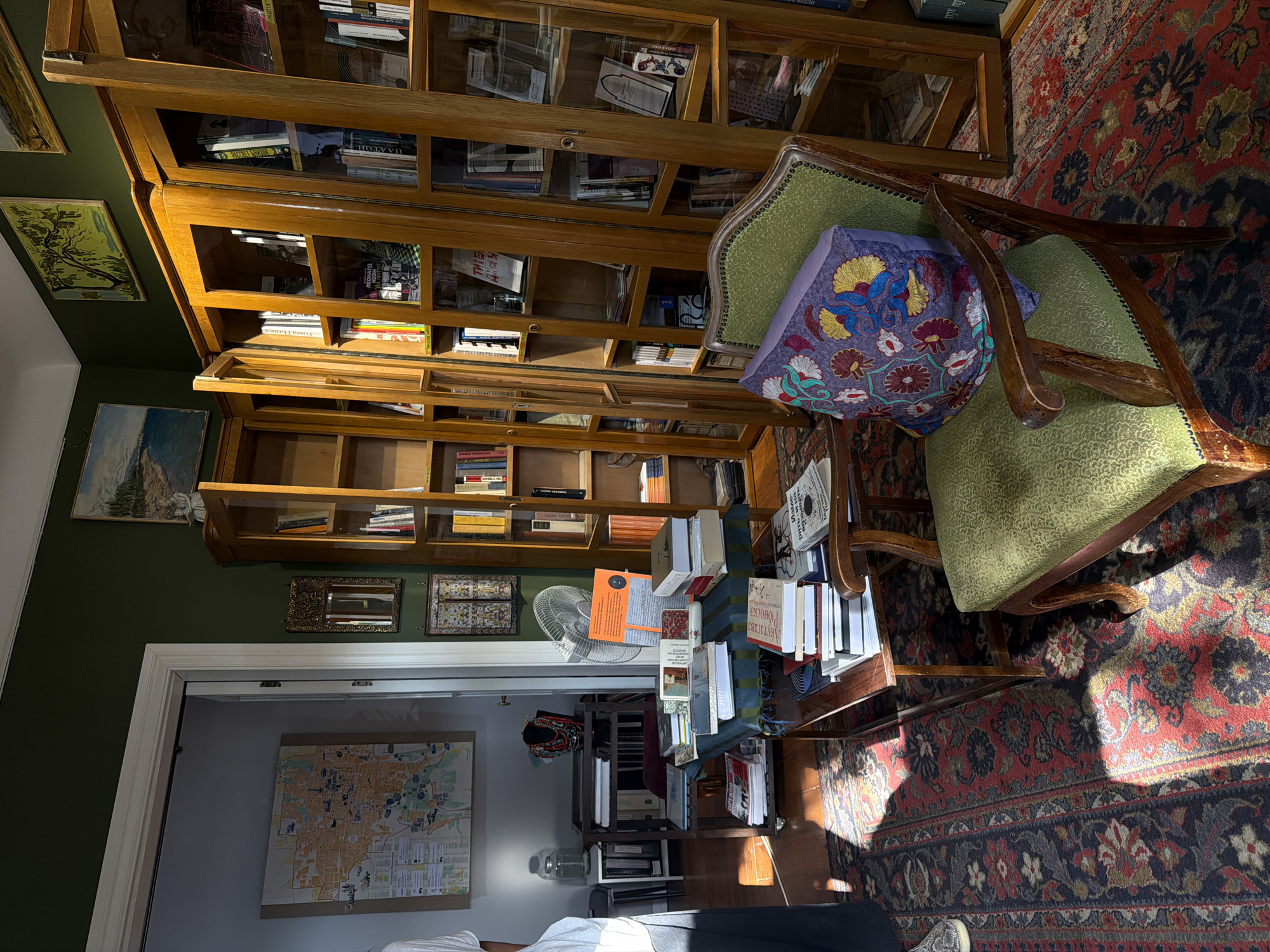 Urban architecture, fountains, and a cozy book-filled interior