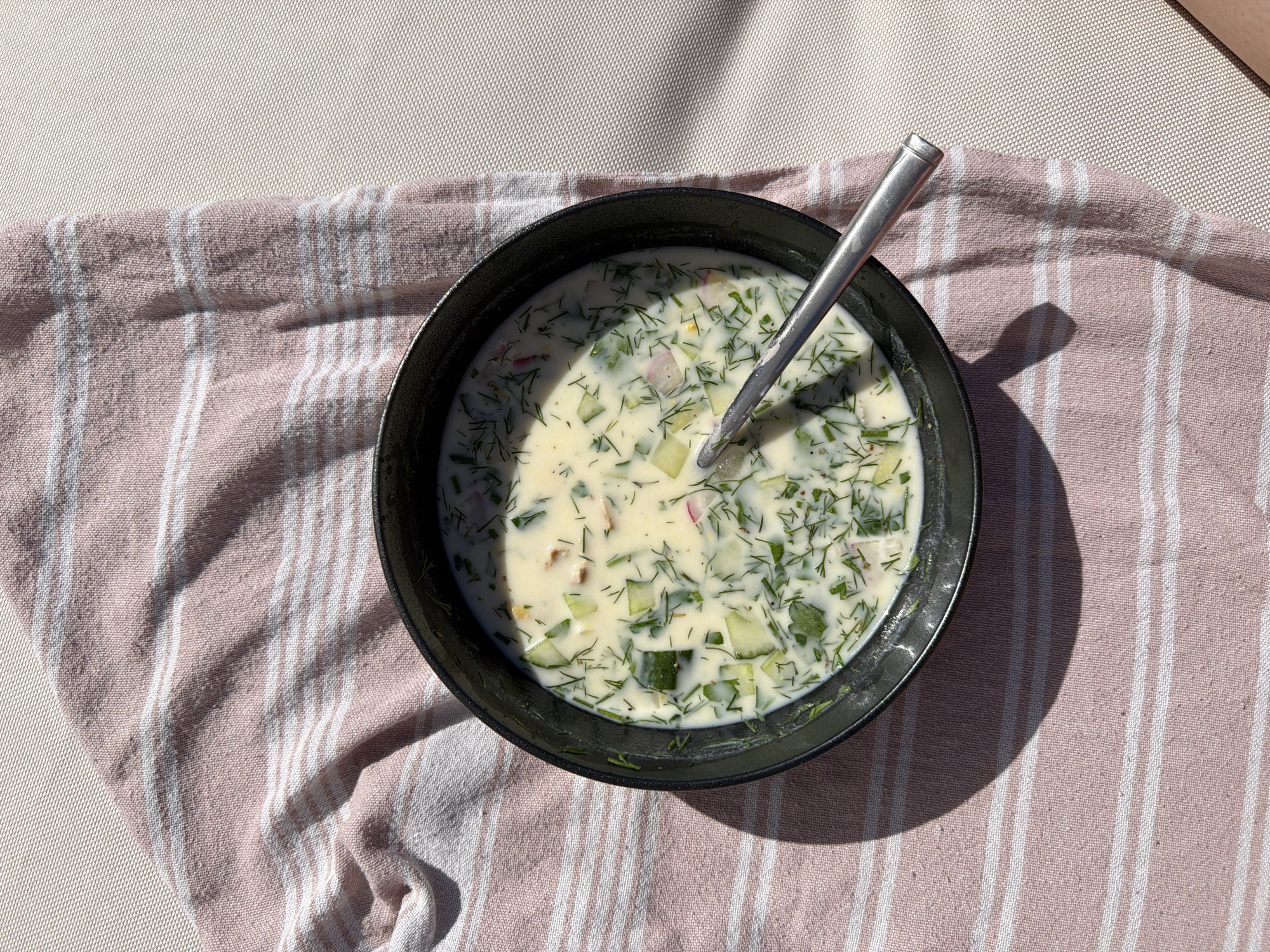 Afternoon meal with Russian soup and beverages in Gangloff