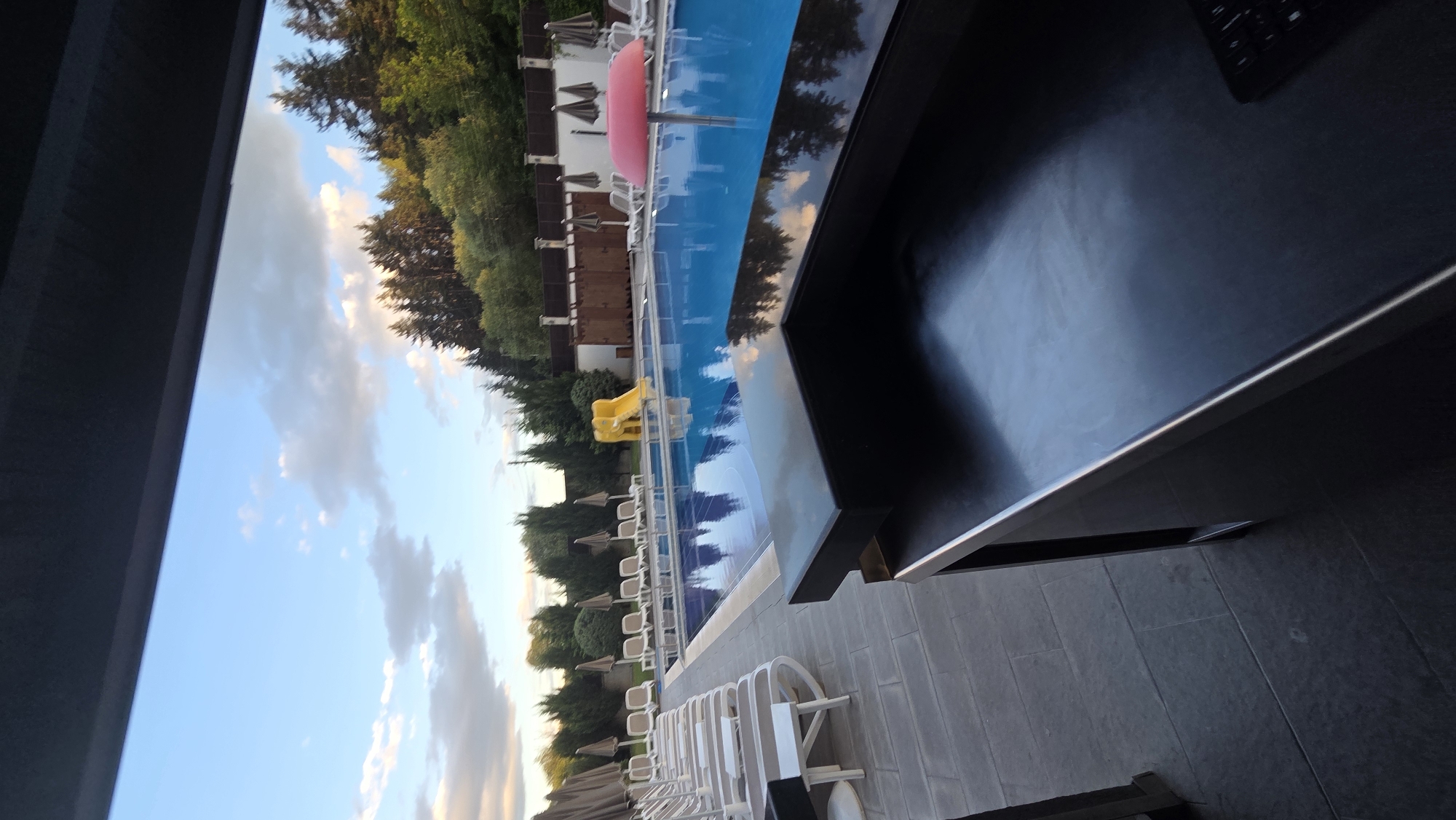Evening scenes from spa facility pool and reception areas