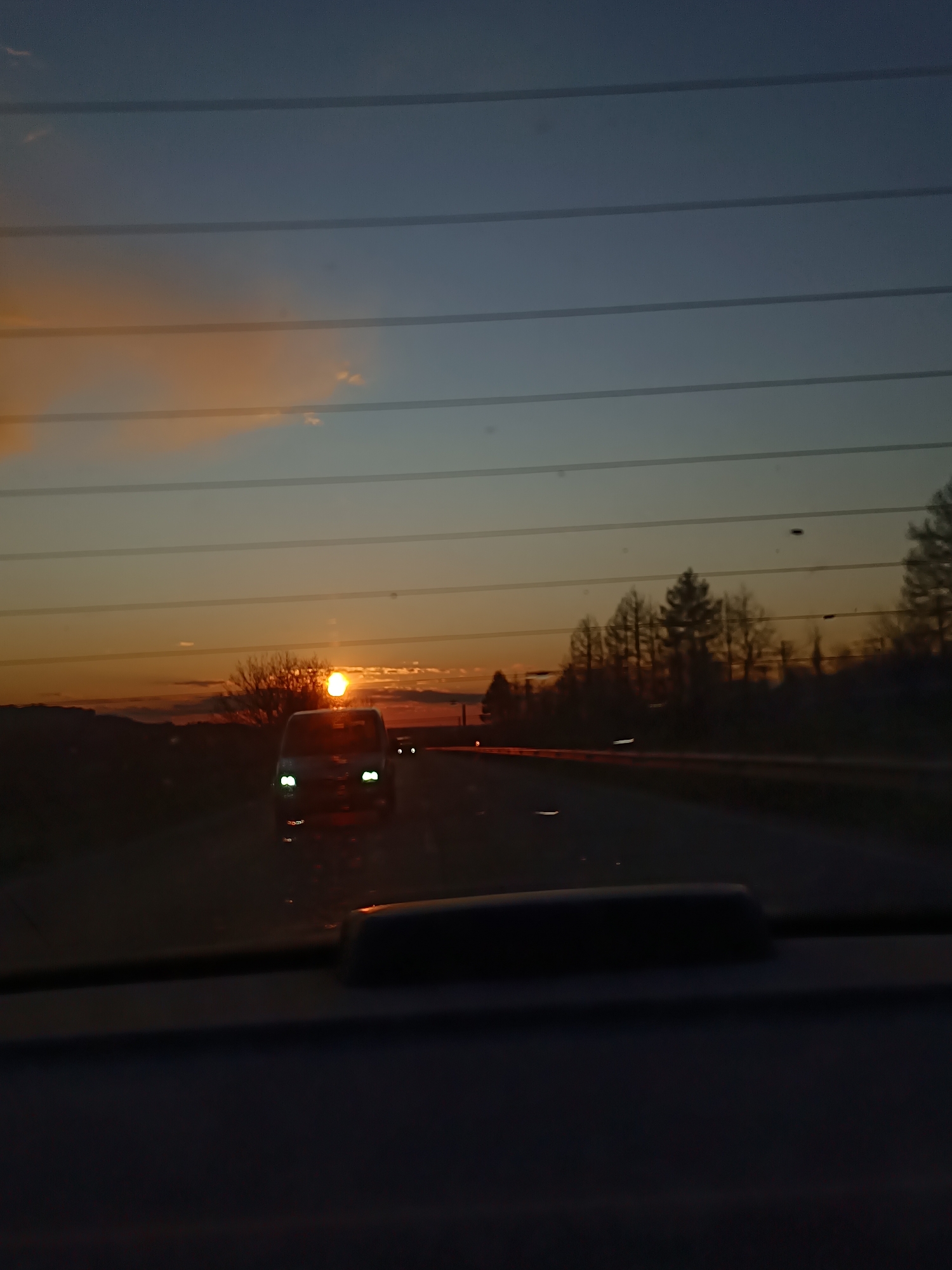 Traveler and dog witness sunset from vehicle window
