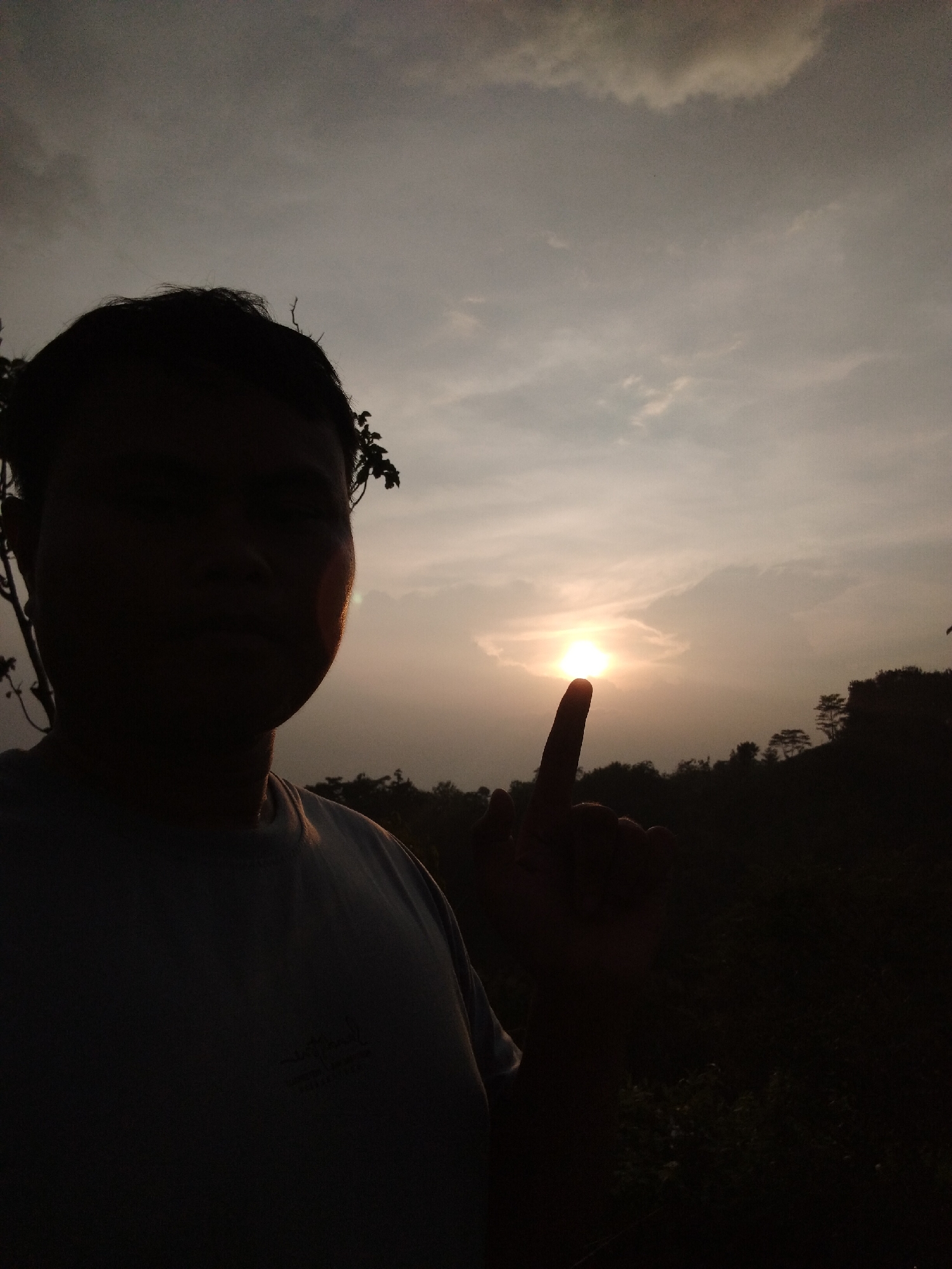 Person Points at Setting Sun Near Leafless Tree