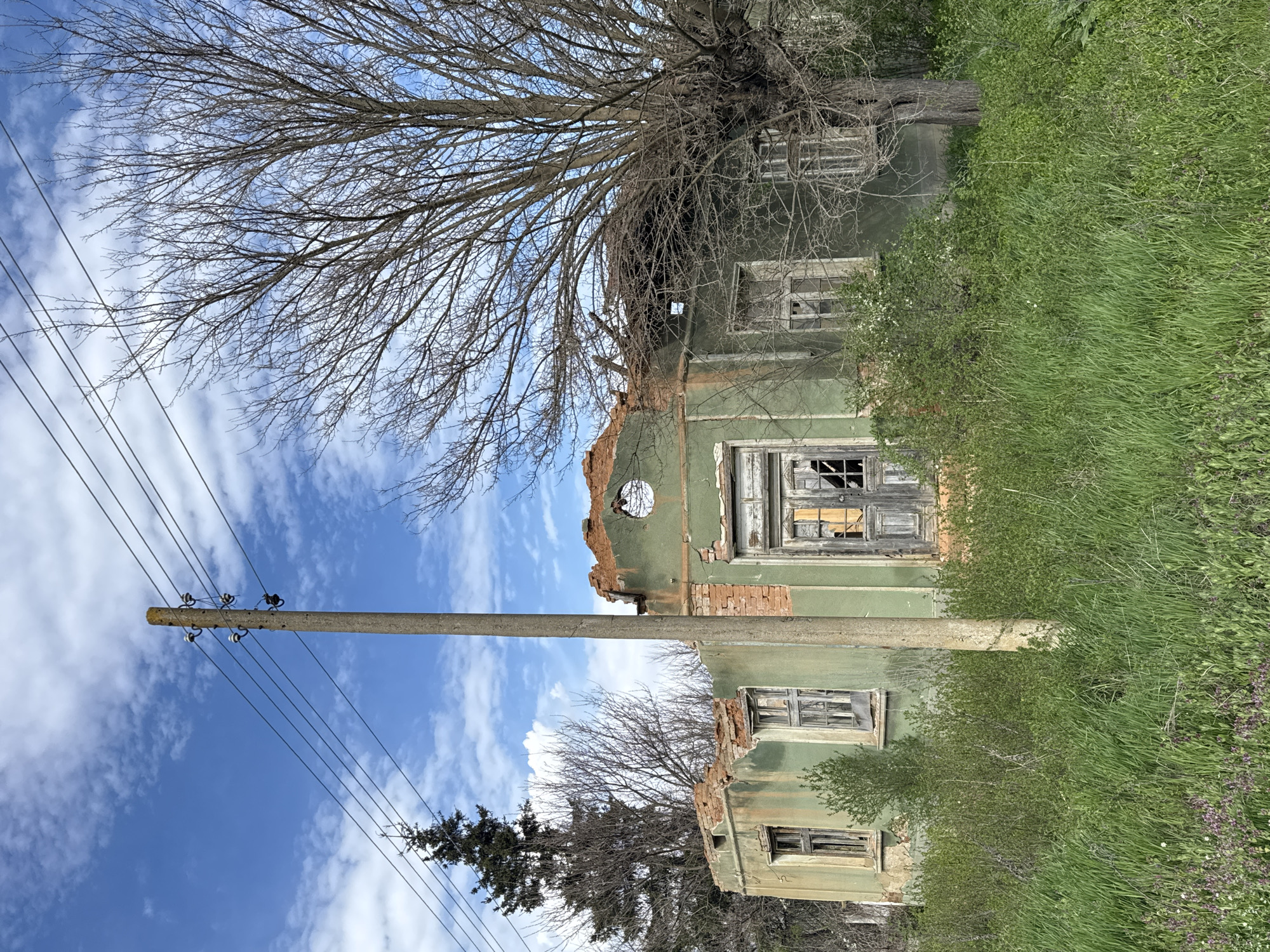 White stork nests near abandoned building in Bulgarian village