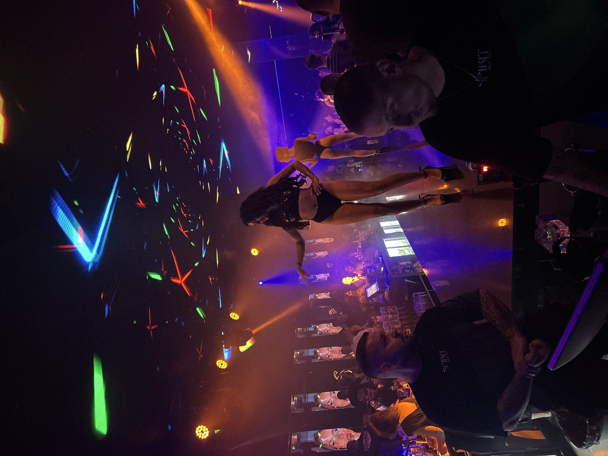 Nightclub scene with stage performances and drinks