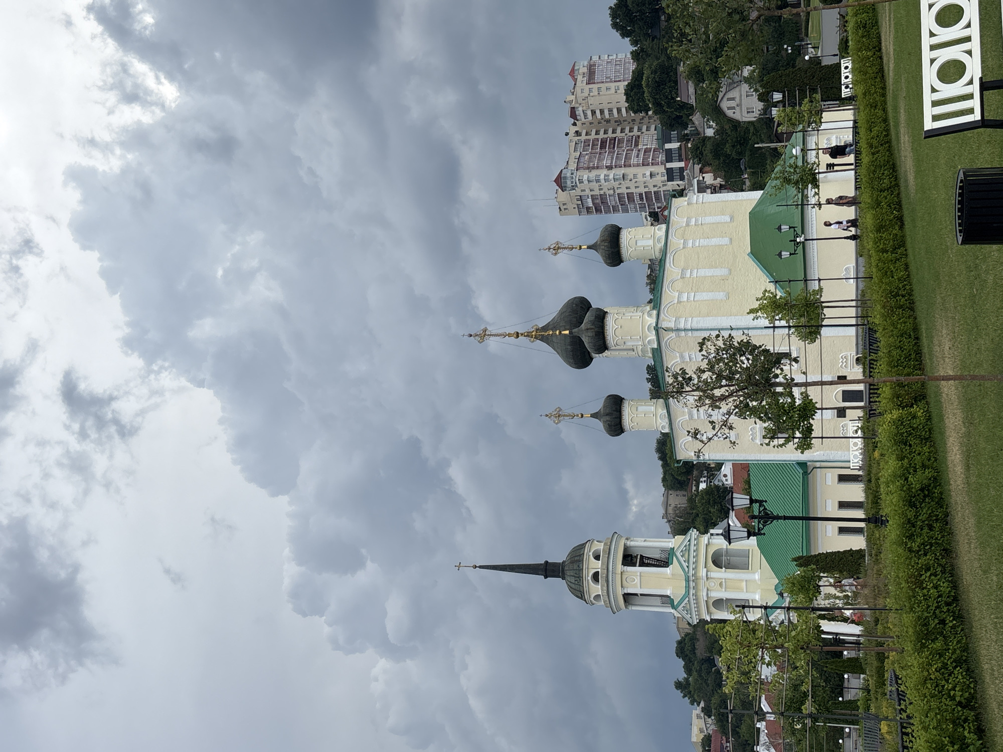 Cathedral, sculpture, and tall ship in Novaya Usman'