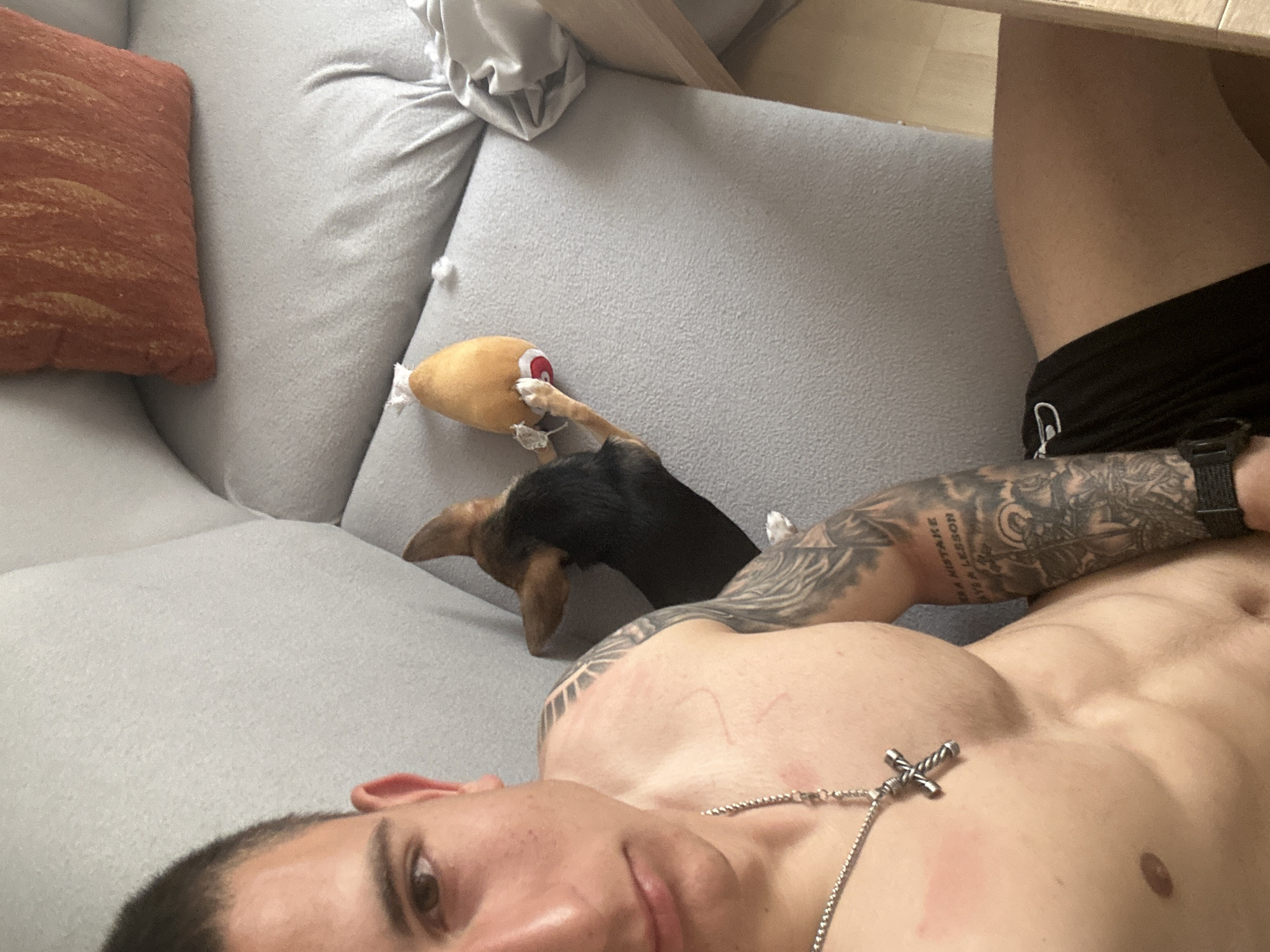 Man and dog relax on couch in Burgas