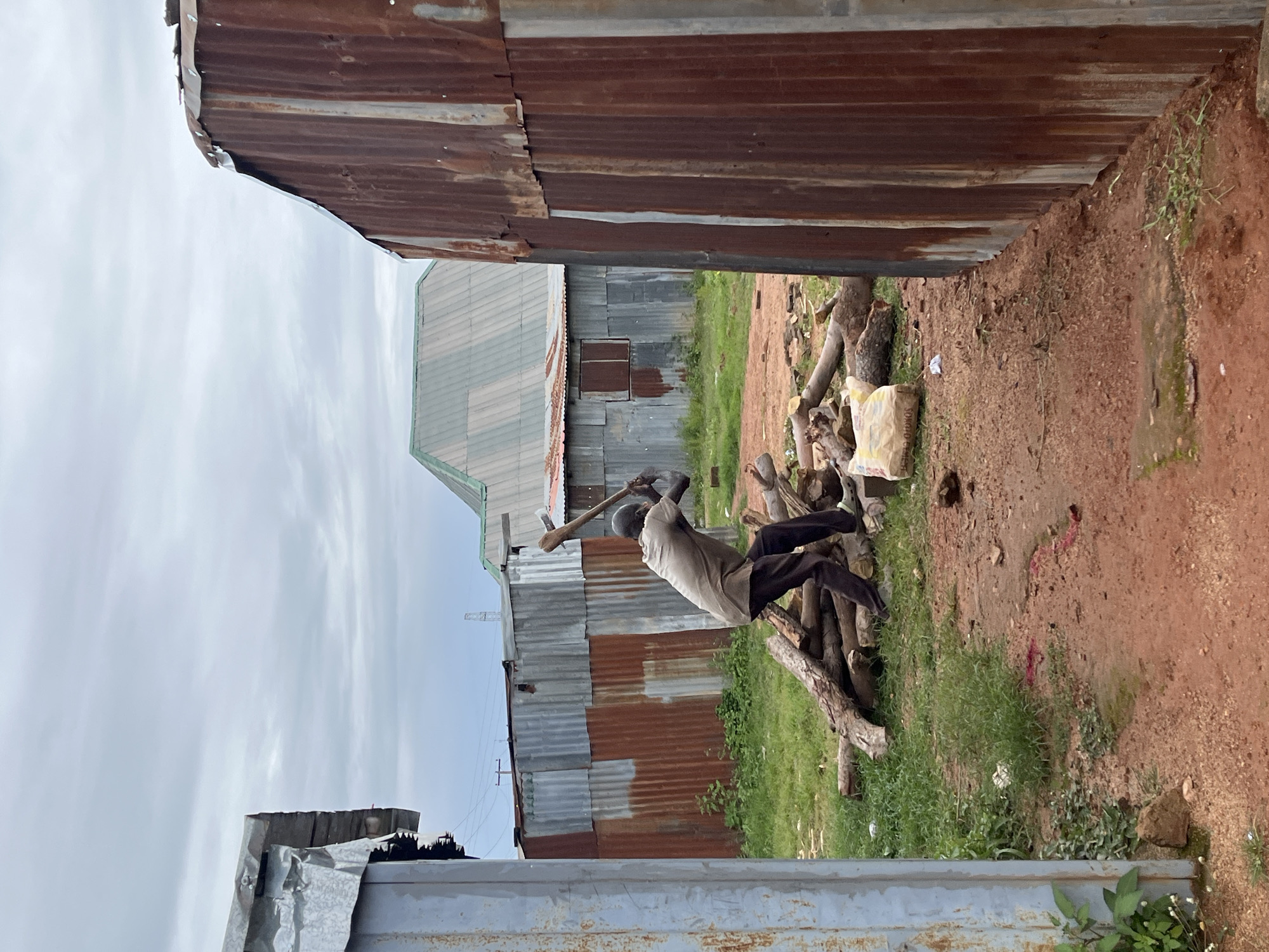 Wood chopping in a rural Nigerian compound, early morning
