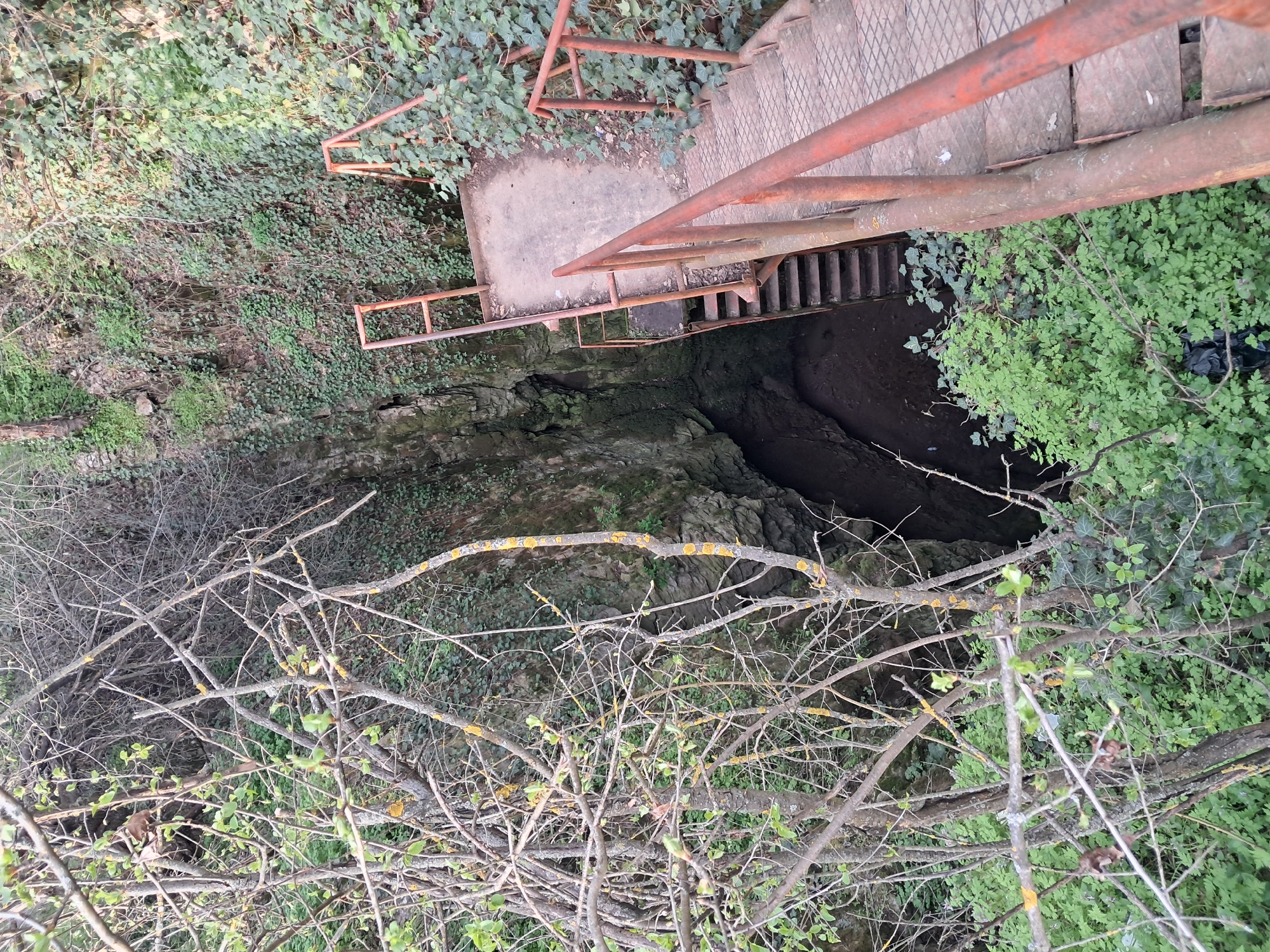 Rusty metal stairs descend into ravine from above