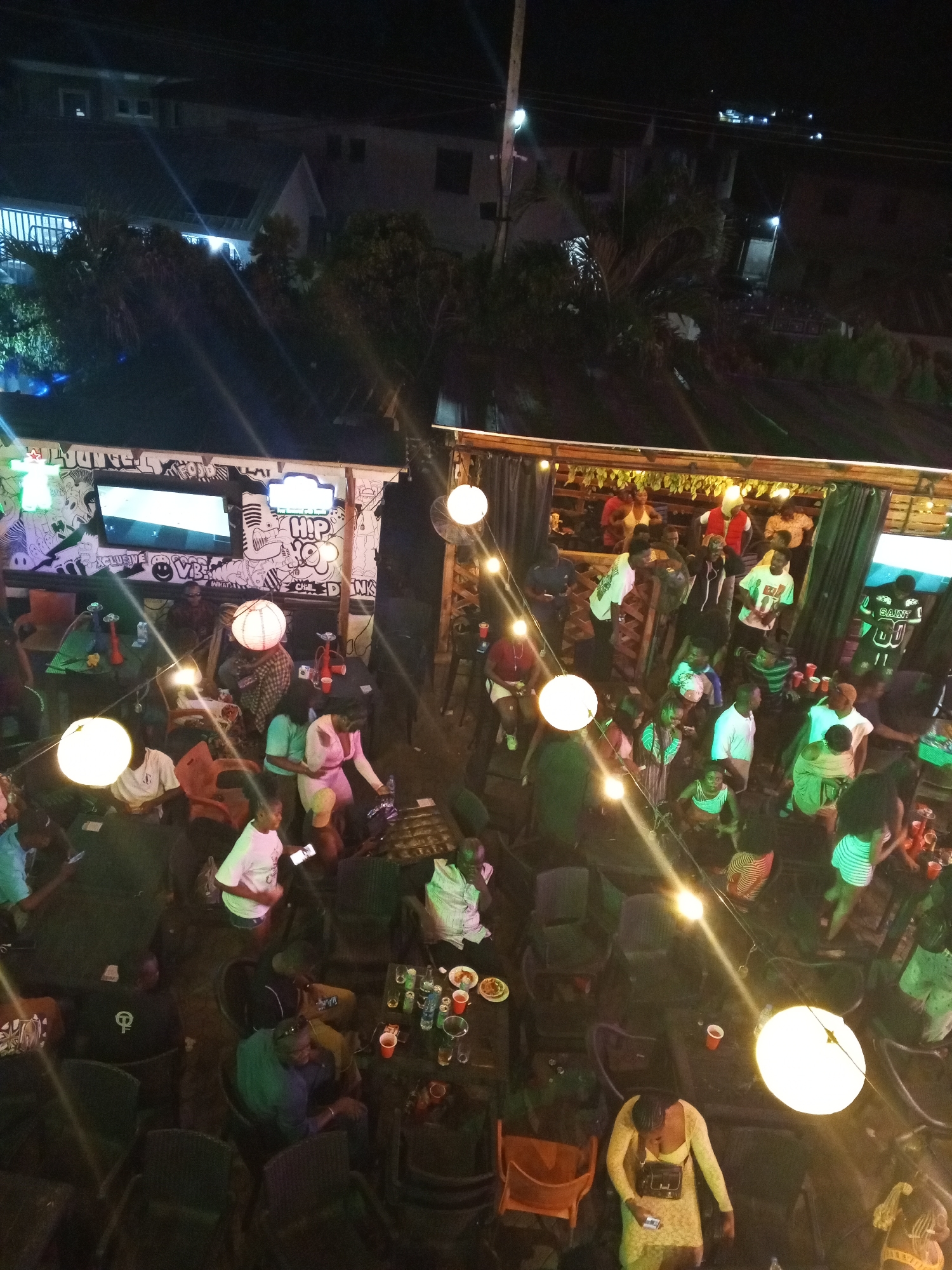 Urban nightlife scene captured at outdoor bar gathering