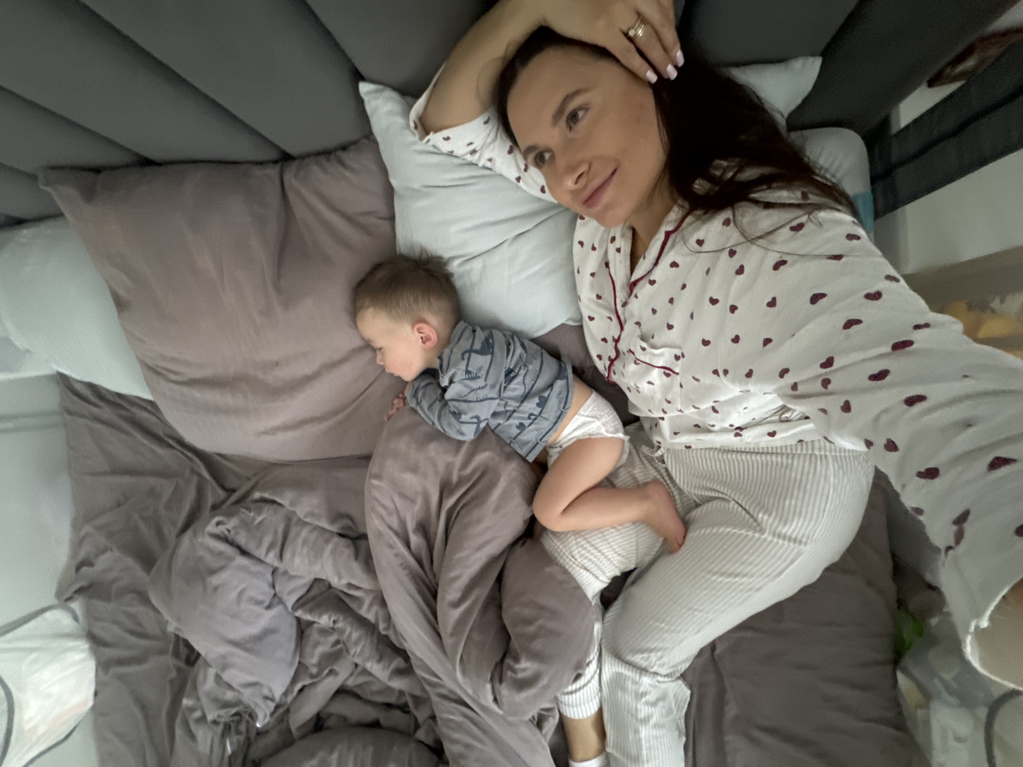 Woman and child rest together in Moscow region home