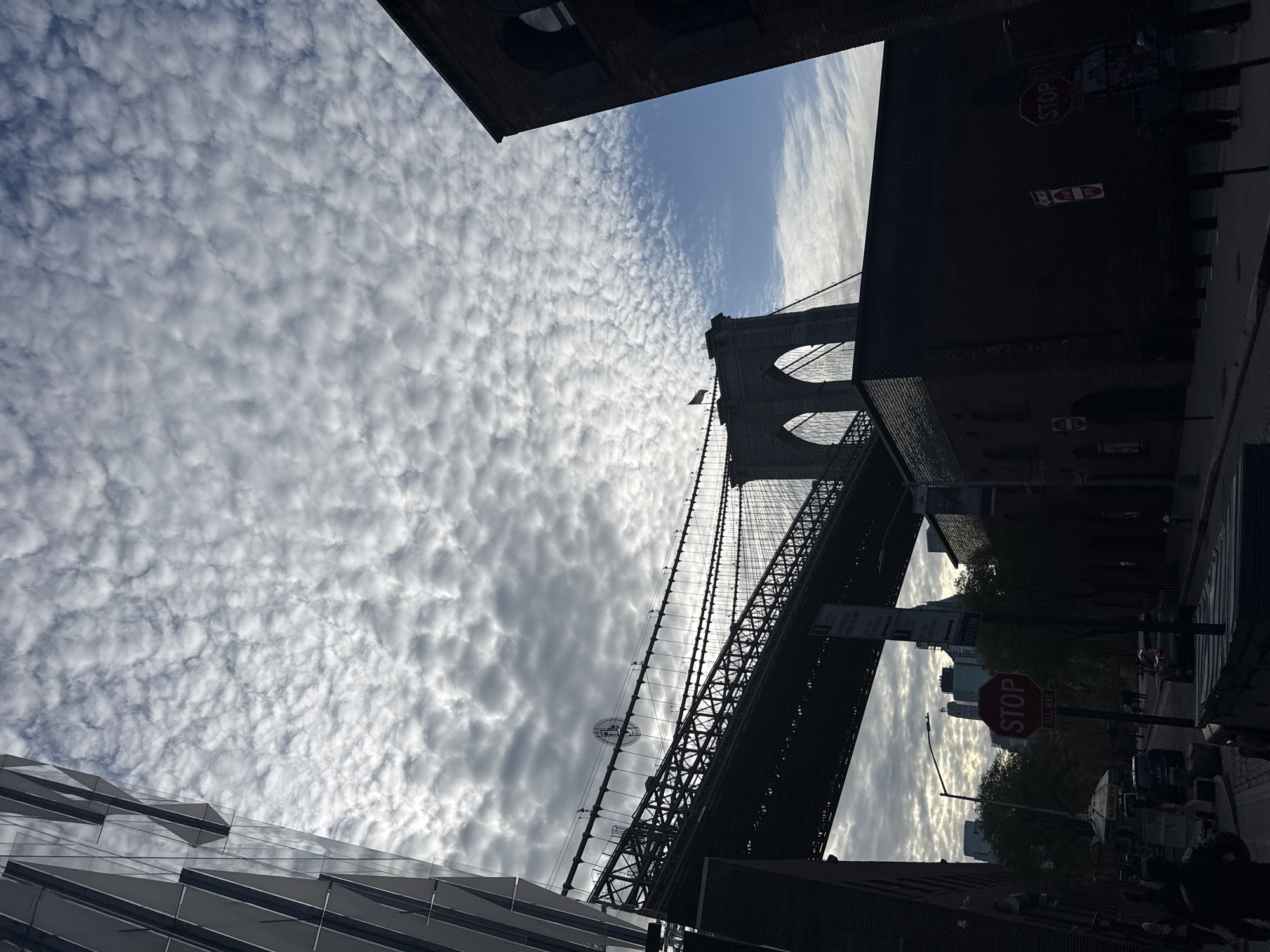 Brooklyn Bridge photographed against dramatic evening sky from street