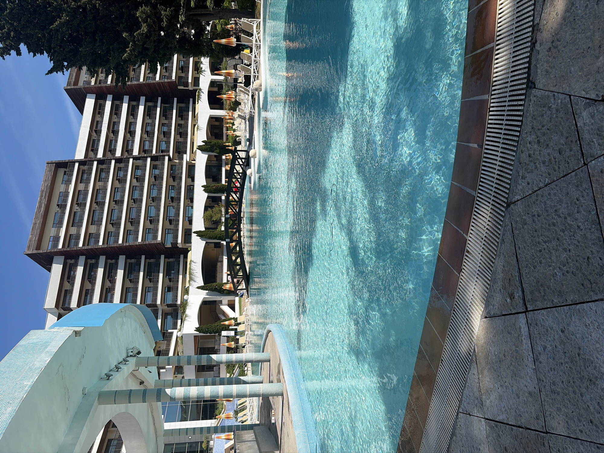 Resort pool scene captured in Obrochishte, Bulgaria morning