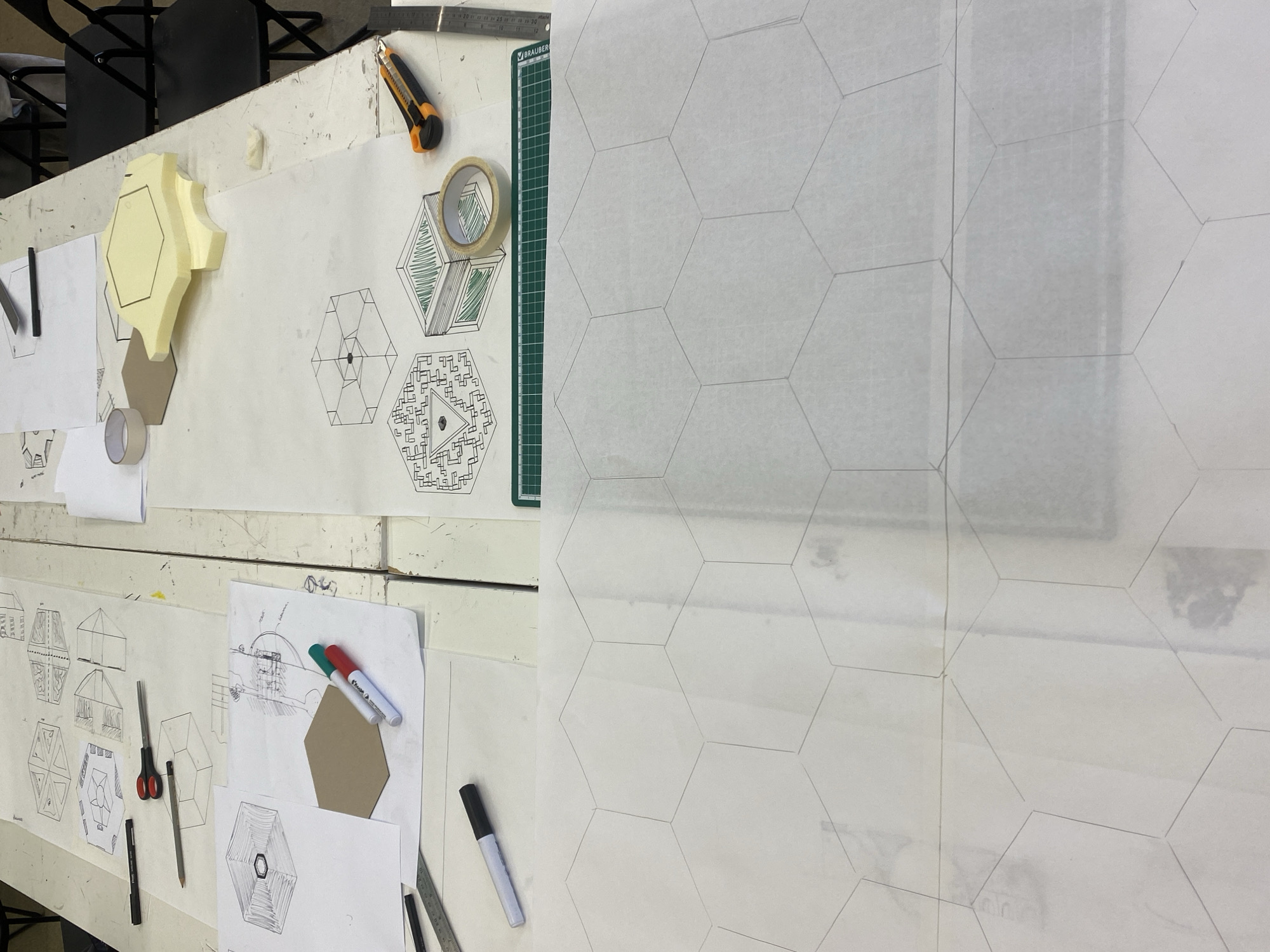 Moscow artist workspace captured with hexagonal design materials