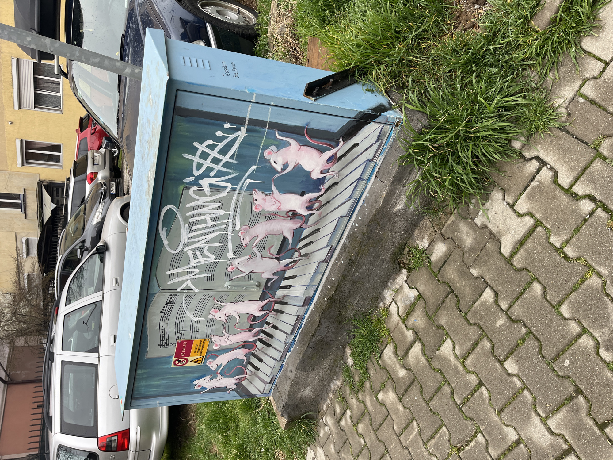 Pink mice mural brightens Sofia electrical box
