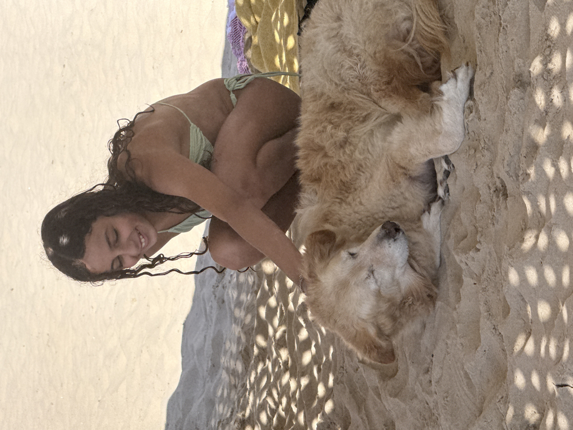 Woman plays with golden retriever on Tel Aviv beach