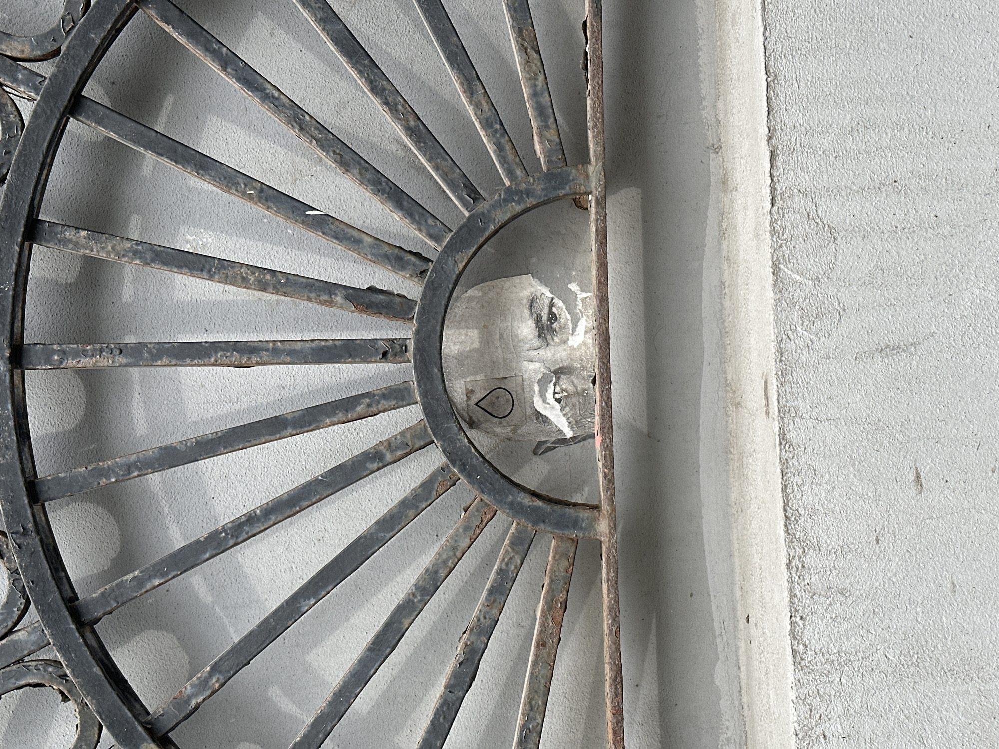 Face observed through decorative metal grating in Moscow