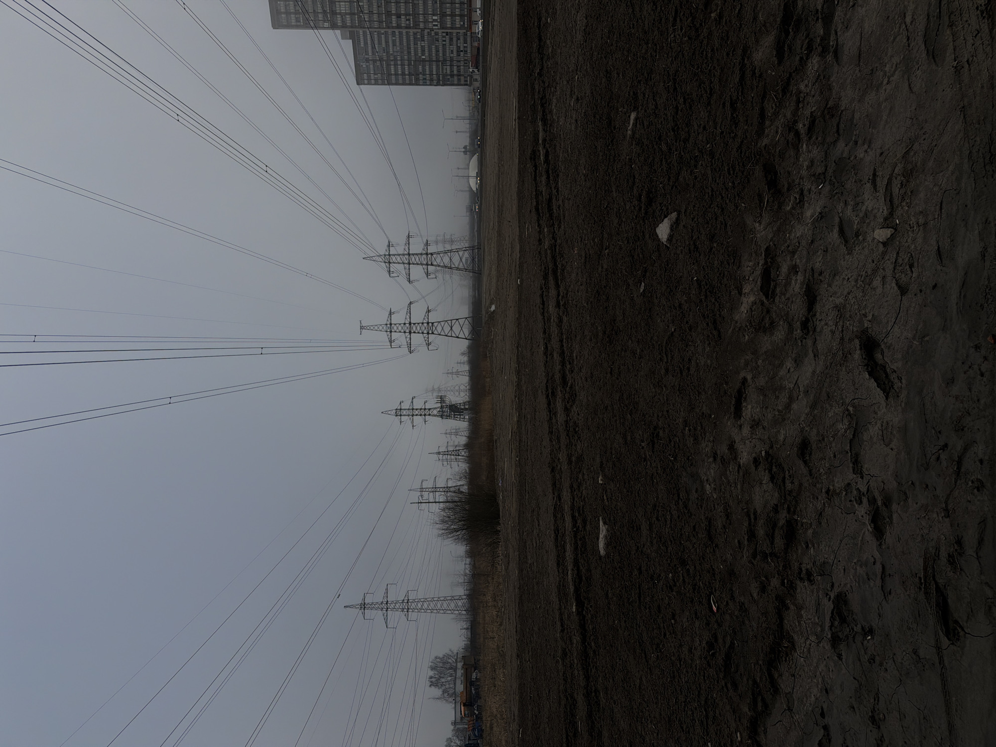 Overcast morning landscape with muddy ground in Murino, Russia
