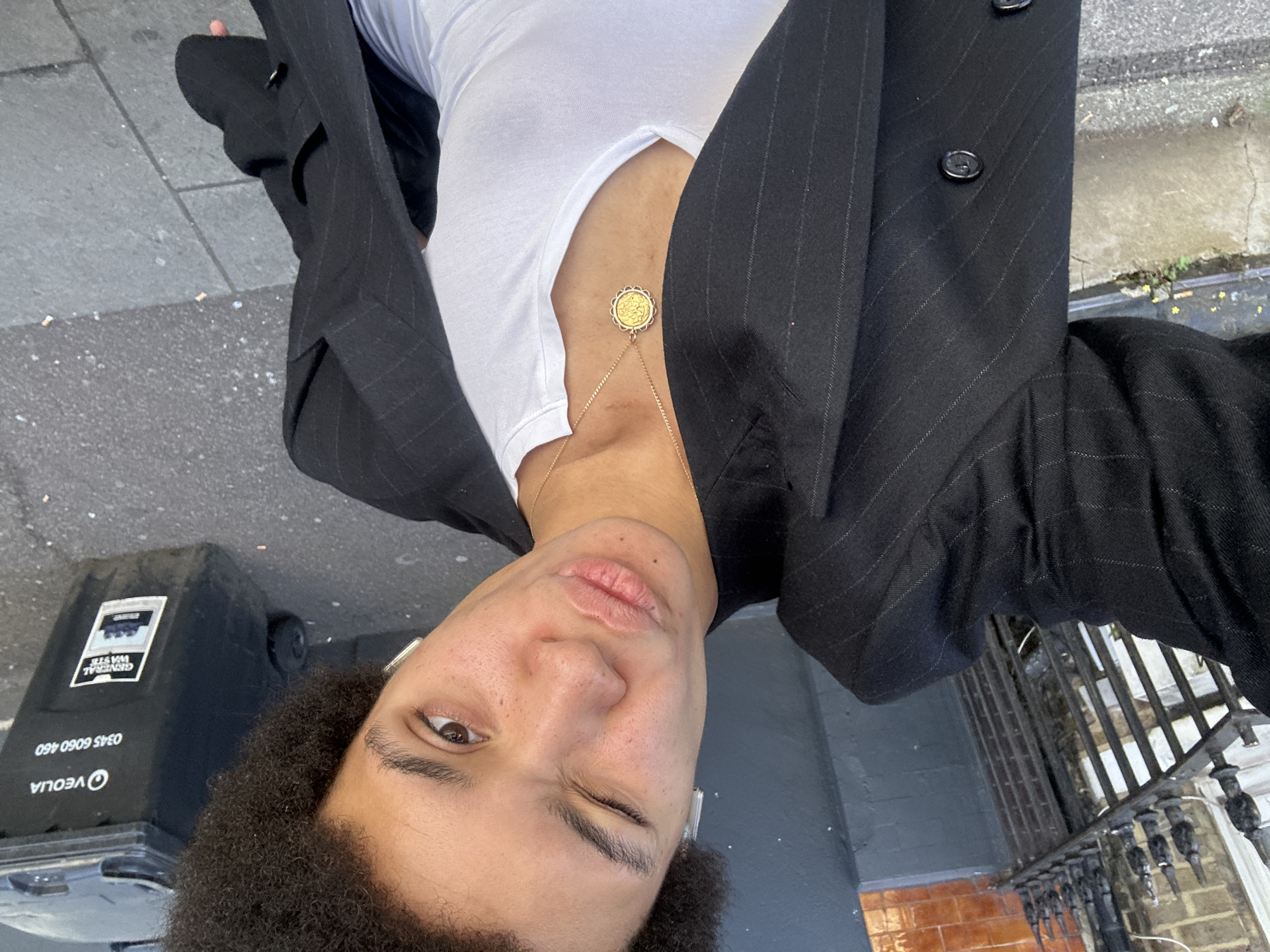 Sunny London sidewalk selfie, June morning