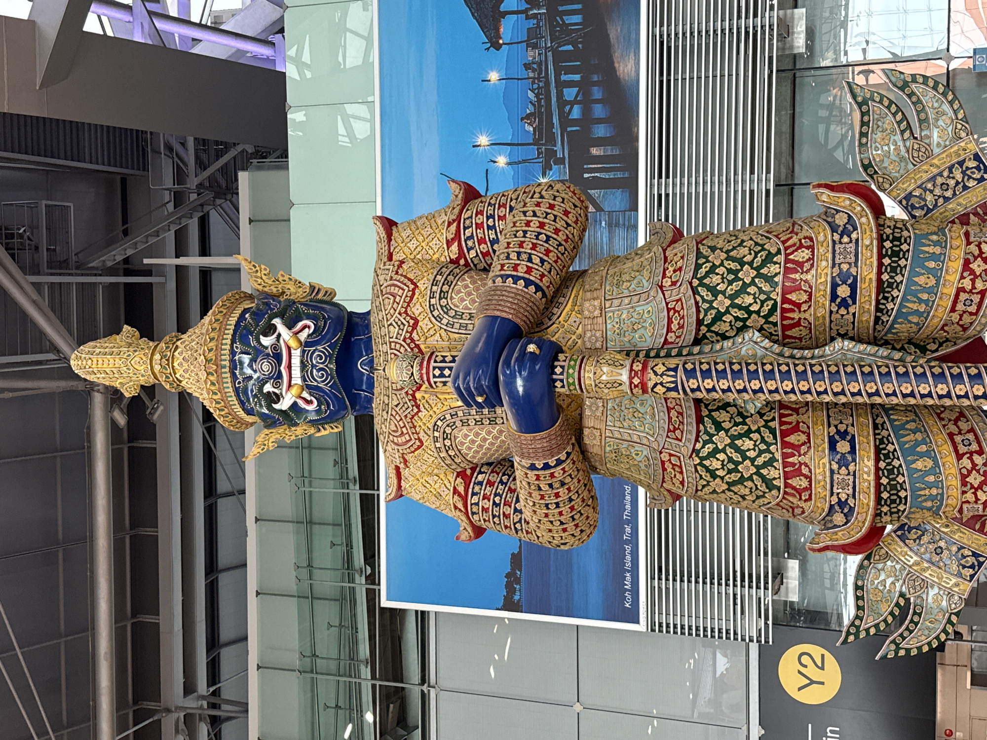 Colorful mythological statues observed at Thailand's Suvarnabhumi Airport