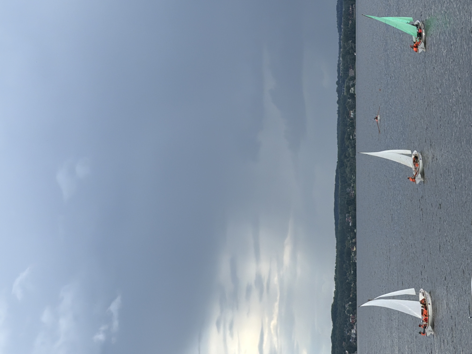 Sailboats navigate calm waters under cloudy skies in Votkinsk