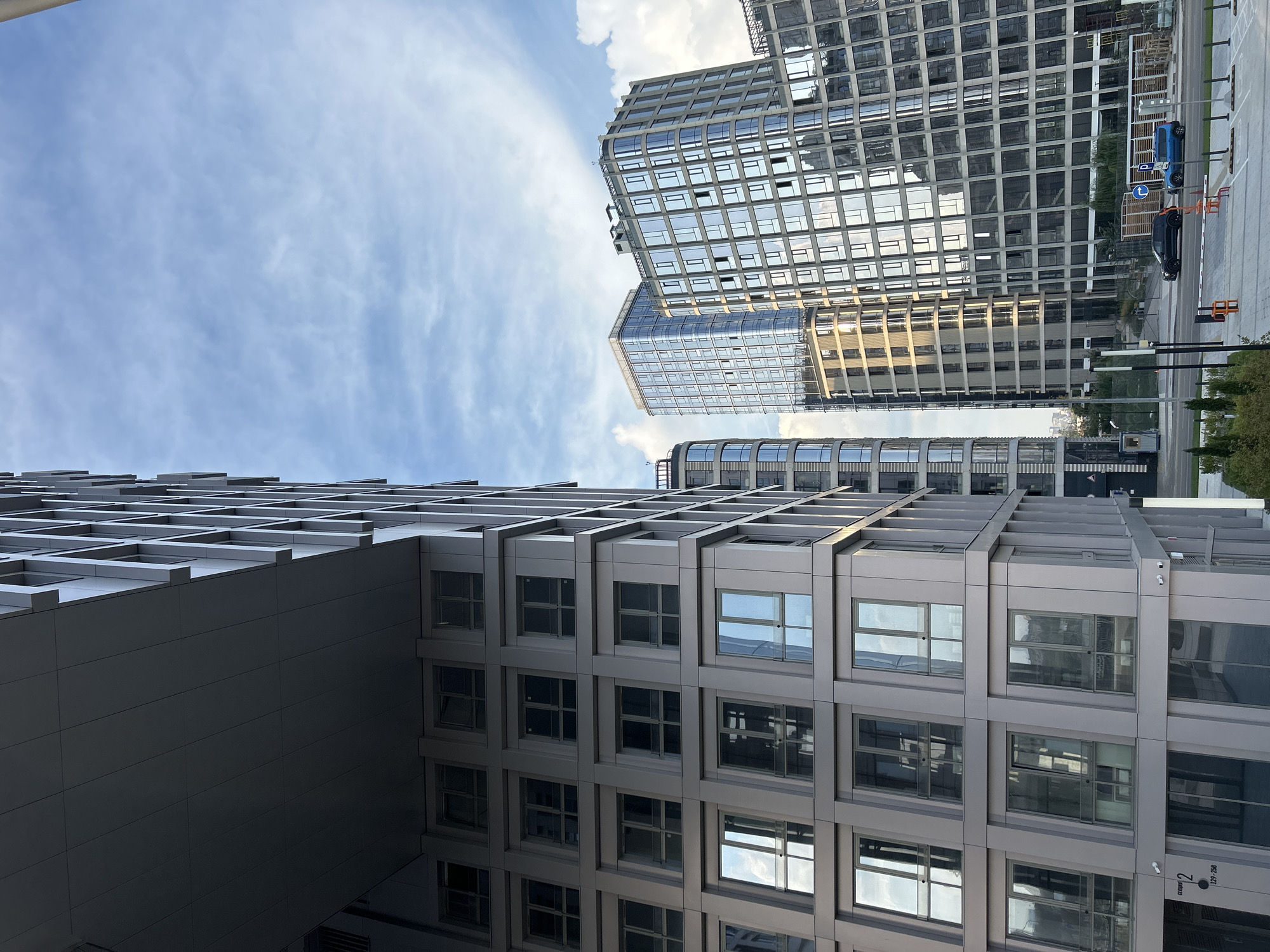 Modern urban buildings and courtyard, explored at golden hour