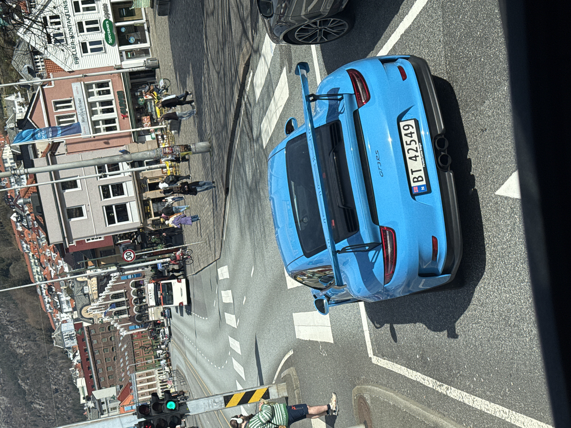 Light blue Porsche GT3RS spotted on sunny Bergen street