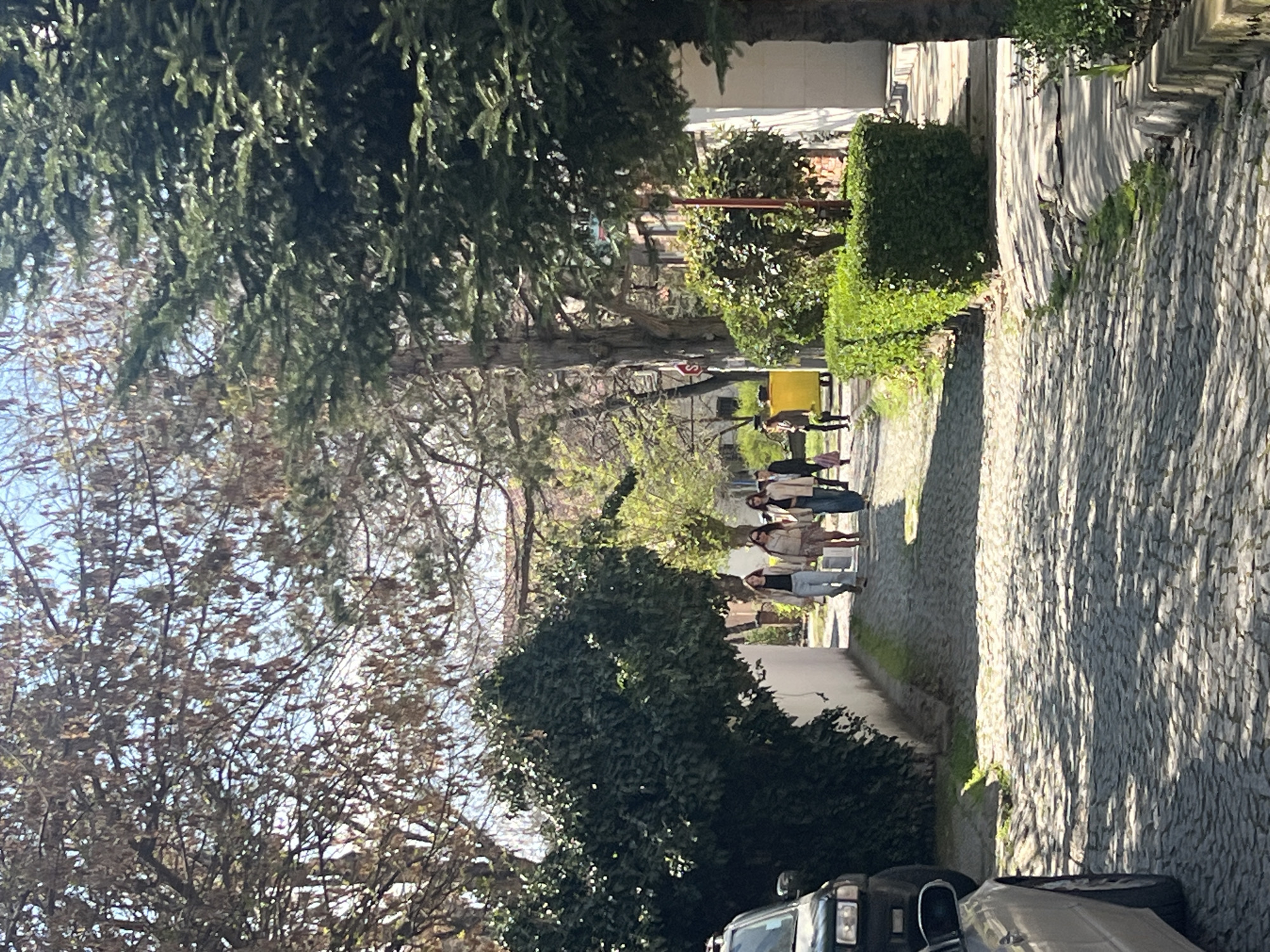 Six people walk cobblestone sidewalk in Pazardzhik, Bulgaria