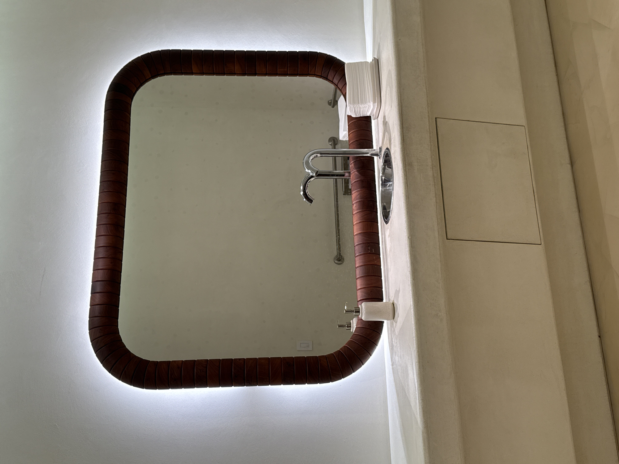 Illuminated wooden-framed bathroom mirror spotted in San Diego