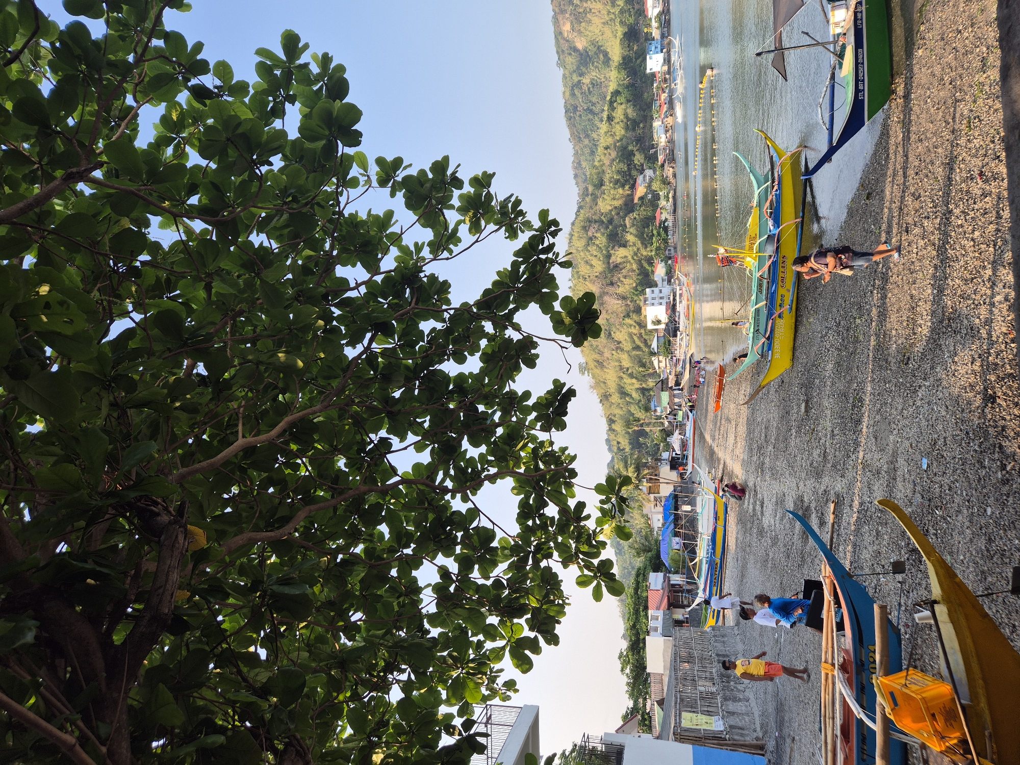 Traditional outrigger boats rest on Mabini beach
