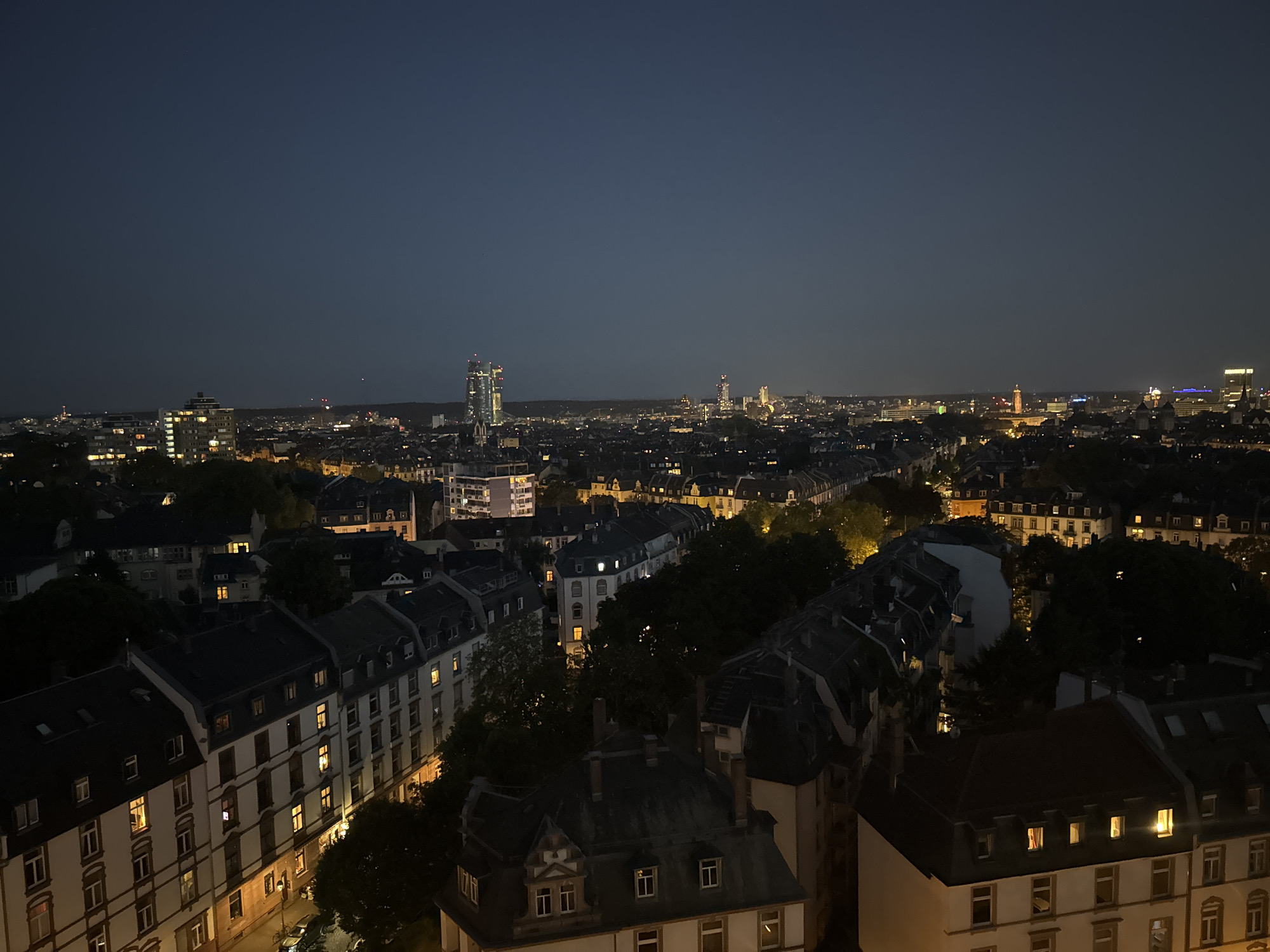 Evening cityscape views documented across Frankfurt's residential and financial districts