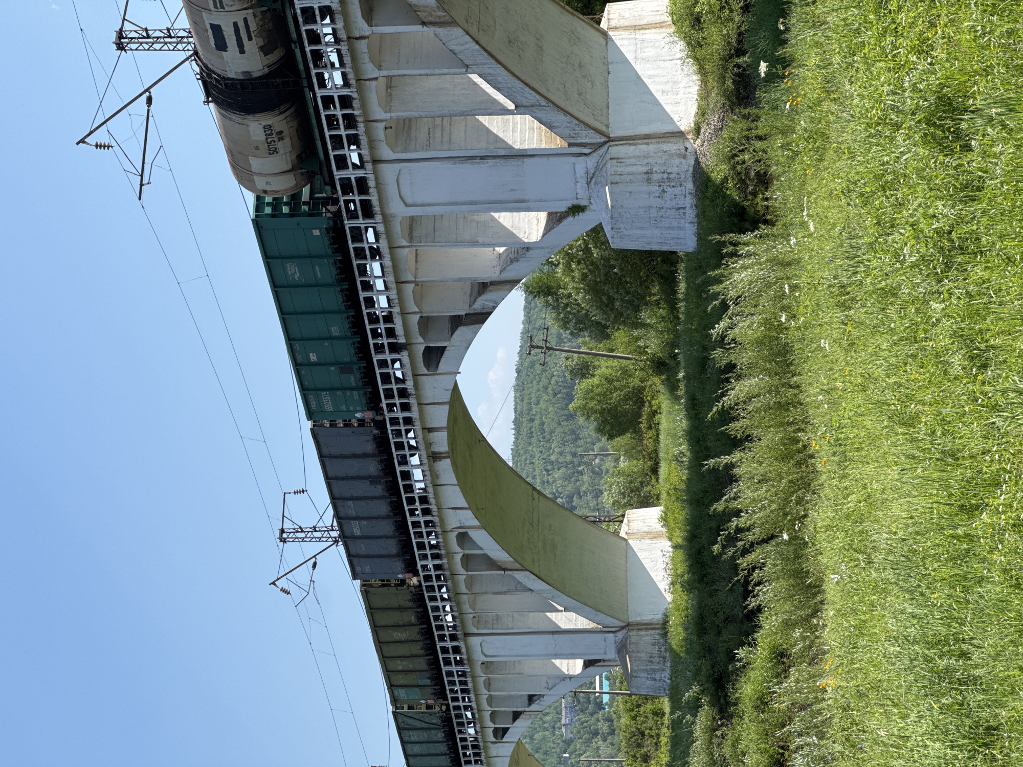 Freight train crosses viaduct in Skovorodino, Russia