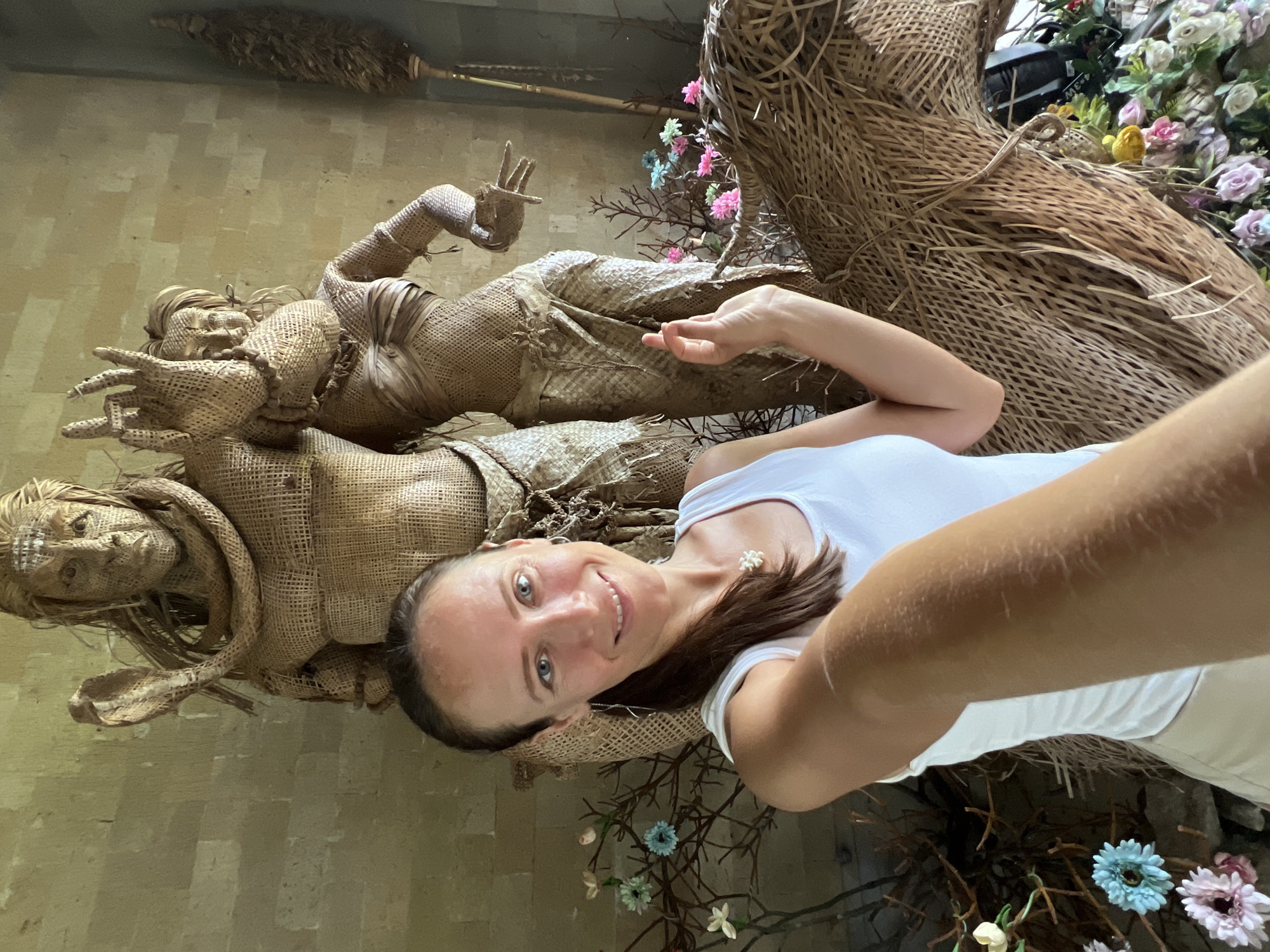Tourist visits traditional art garden installation in Kedewatan, Indonesia