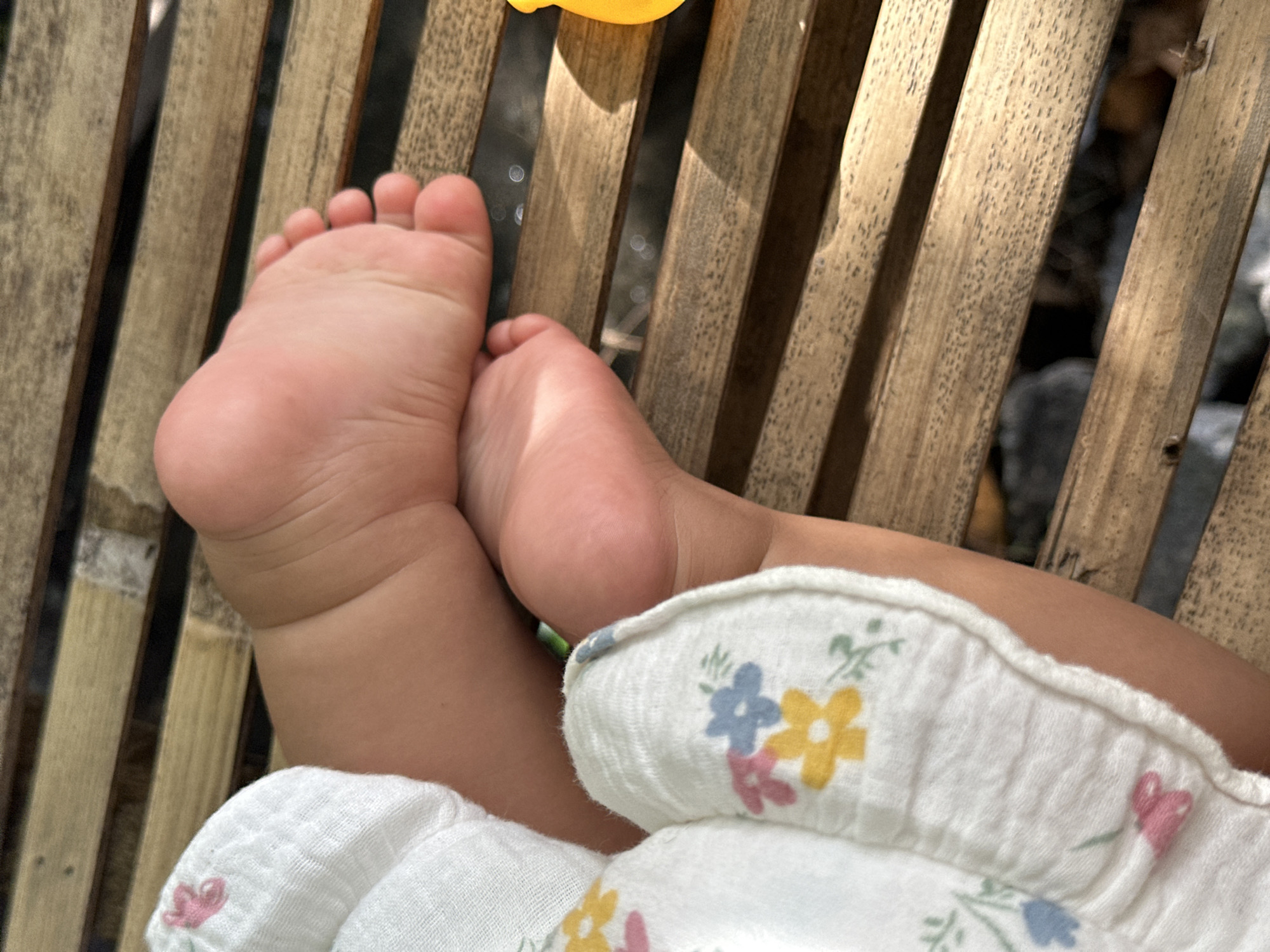 Baby plays on bamboo platform near flooded paddies