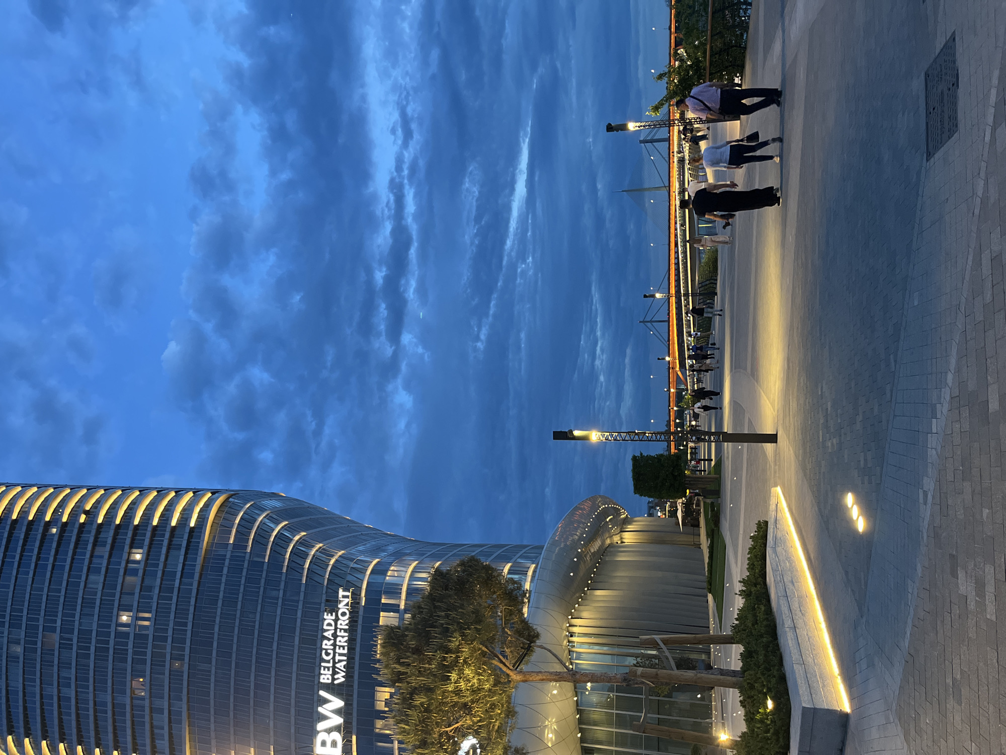 Evening documentation of Belgrade's modern waterfront architecture