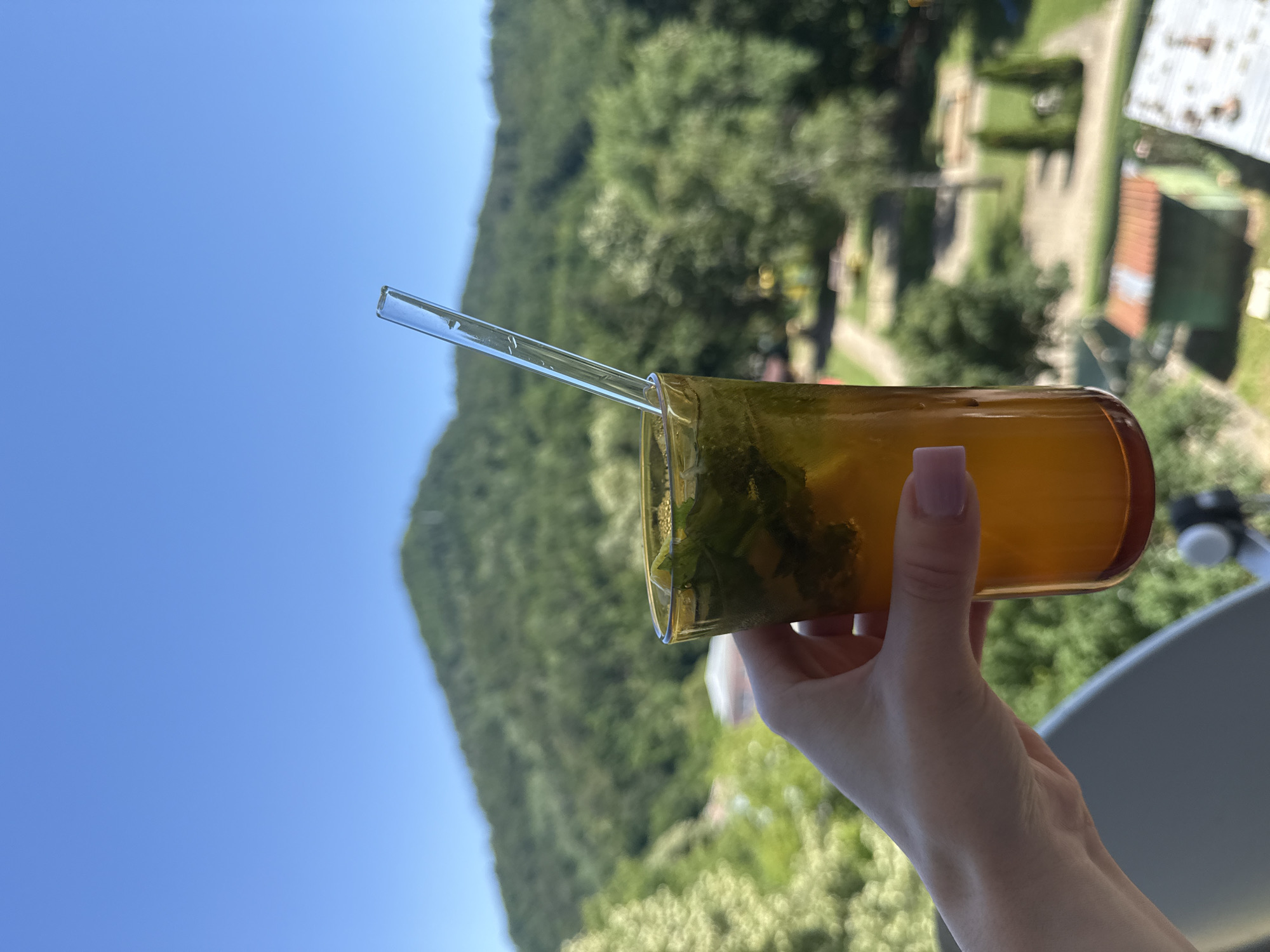 Tall amber drink with mint and ice, straw in hand