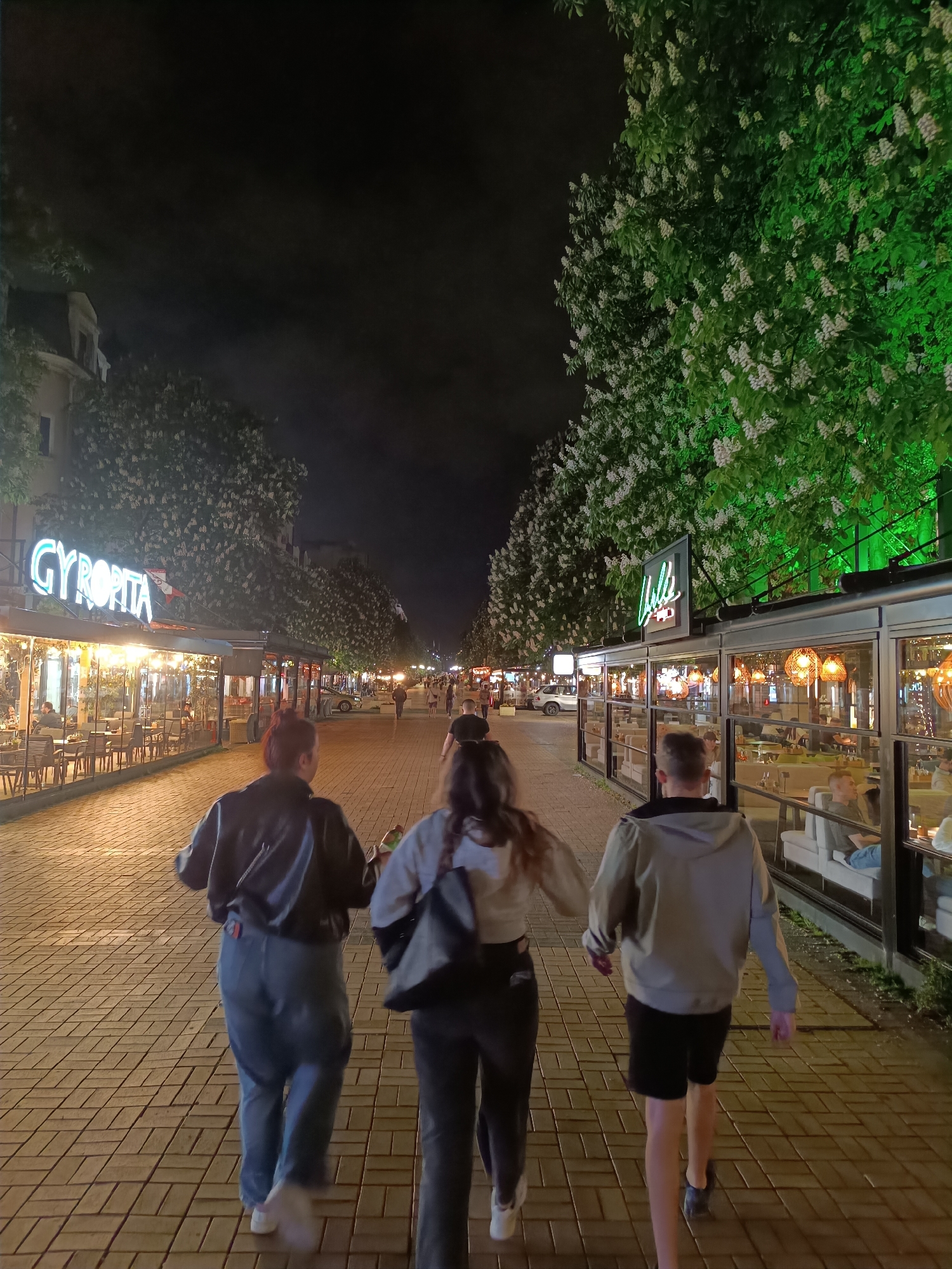 Young people stroll through central Sofia evening streets