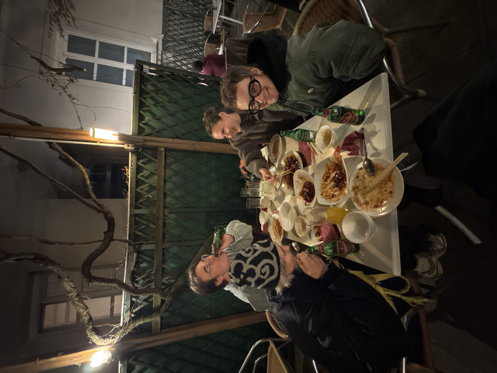 Three people share outdoor dinner in Vienna
