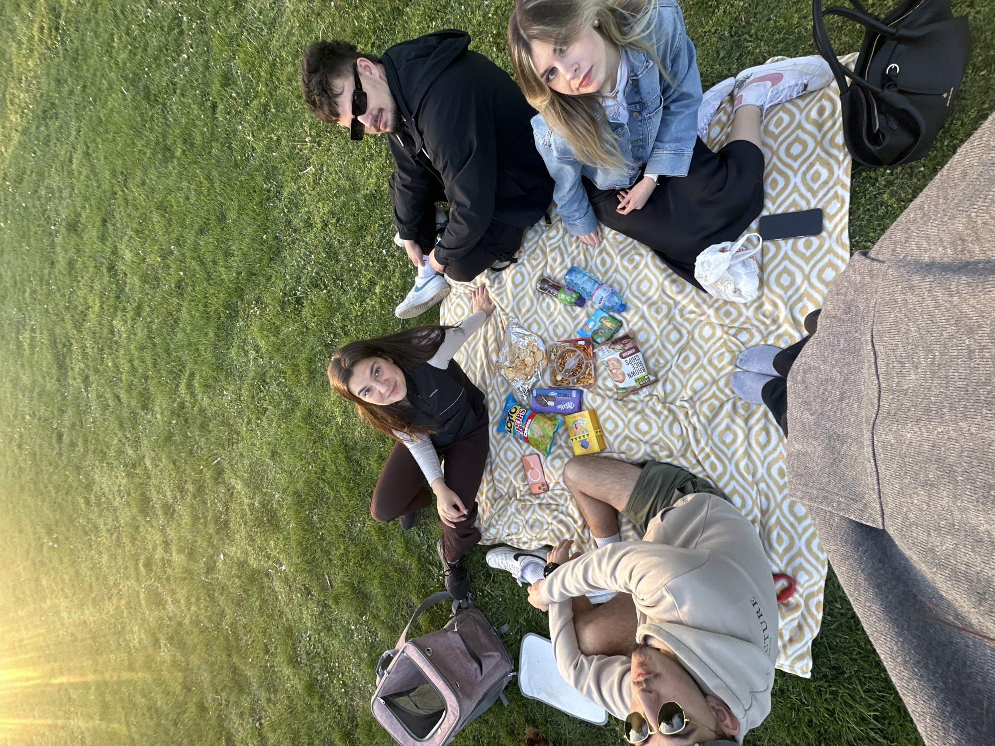 Young adults enjoy golden hour picnic in Sofia park