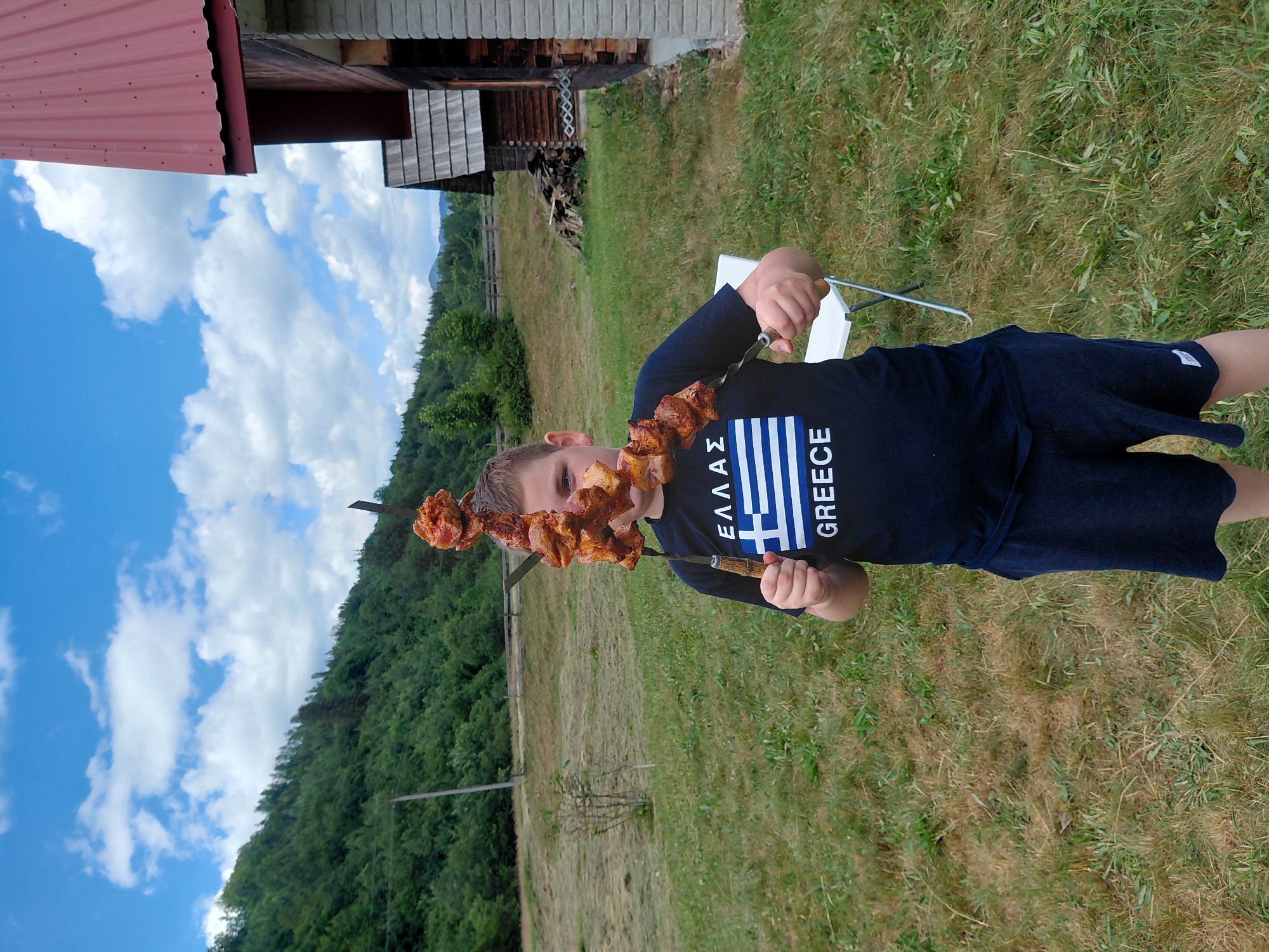 Casual summer cookout with a cat in rural Ukraine