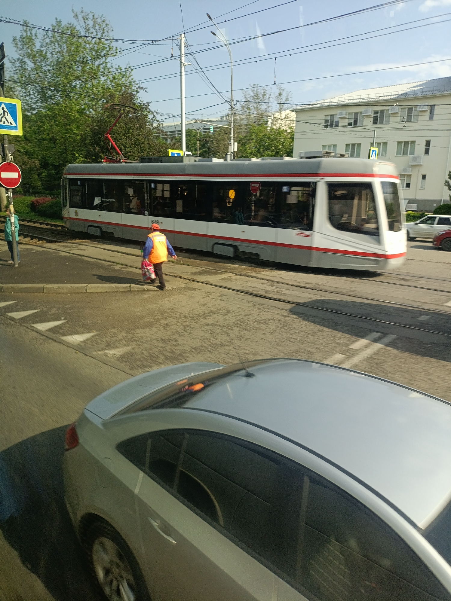 Morning tram service operates in downtown Krasnodar, Russia