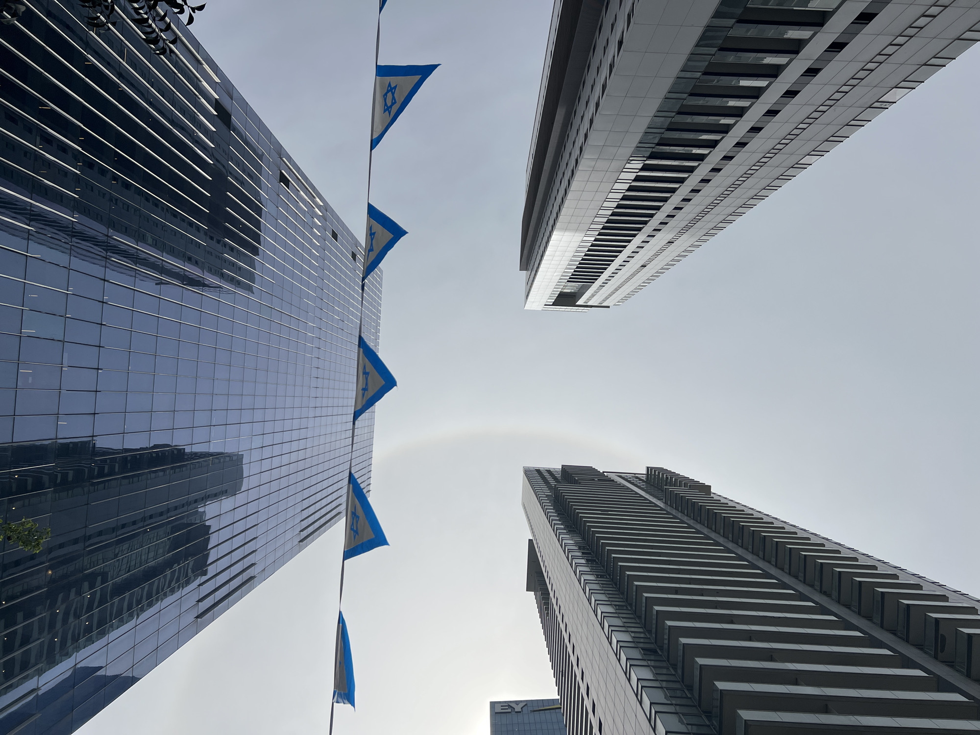 Israeli flags displayed between Tel Aviv buildings