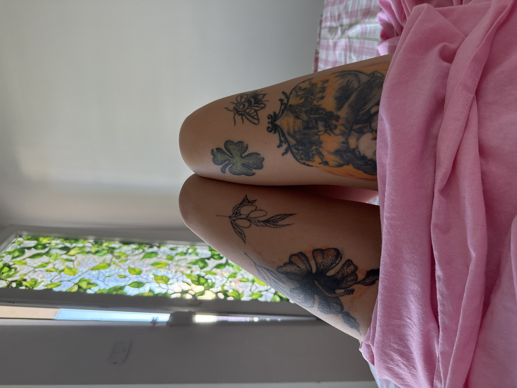 Tattooed legs and two pugs chilling at home