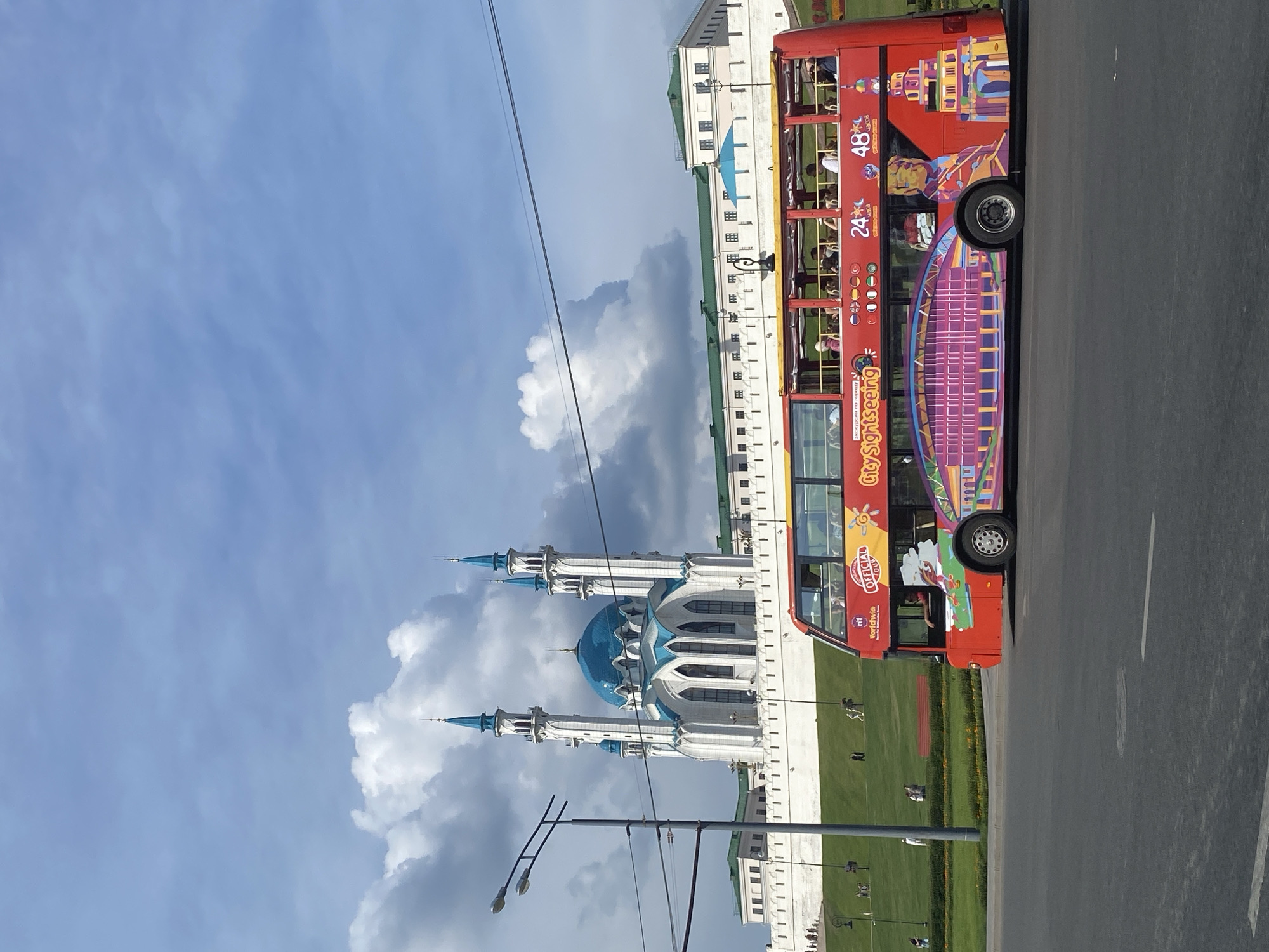 Tour bus passes Qol Sharif Mosque in Kazan