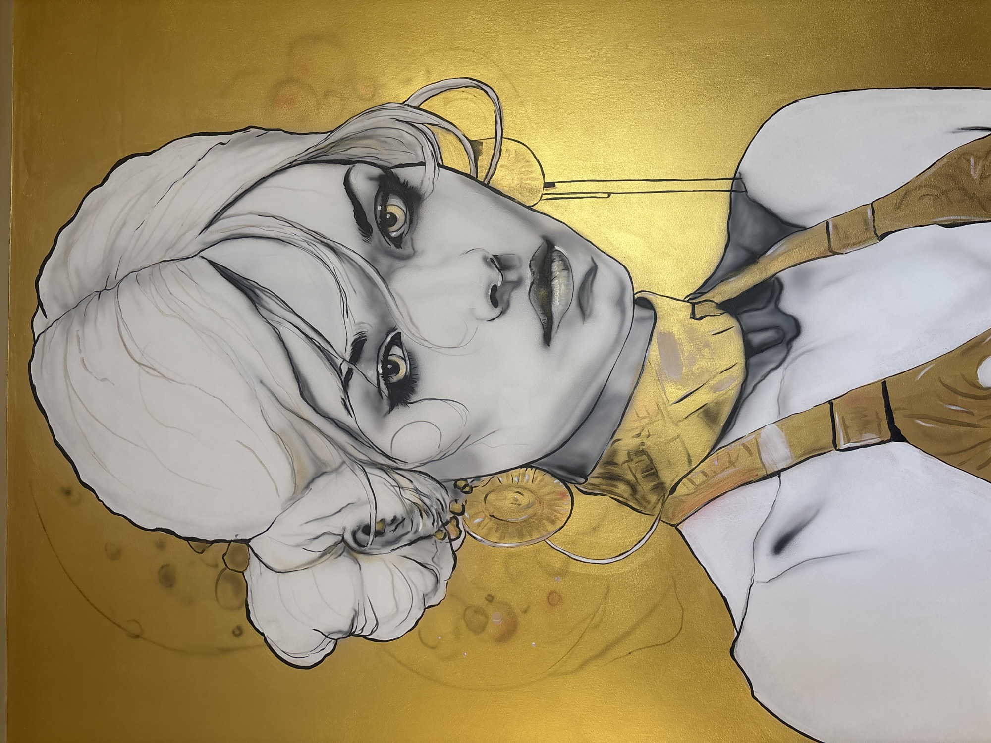 Portrait painting with grayscale woman on gold background observed Sofia