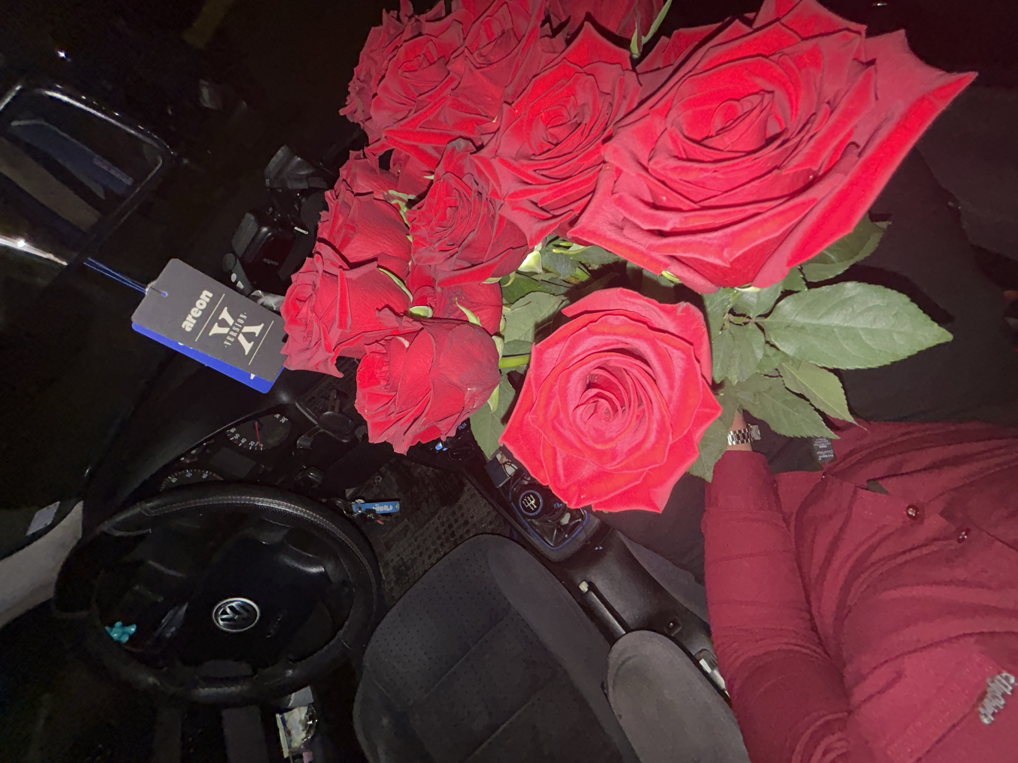 Driver carries red roses through Zlatograd evening streets