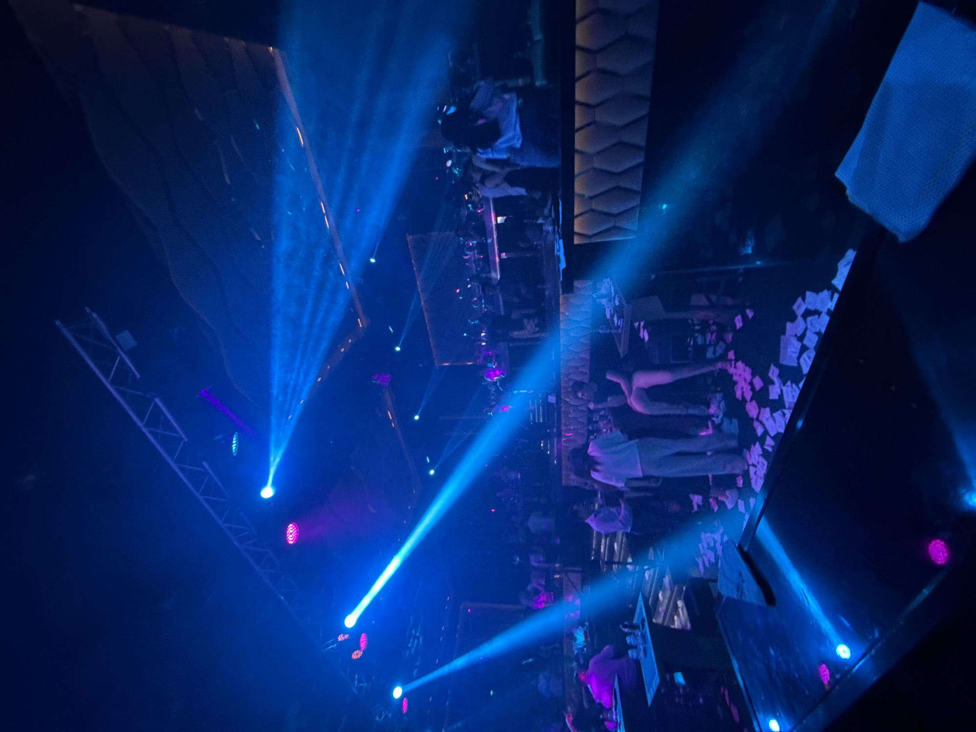 Nightclub interior captured from high angle in blue-purple lighting